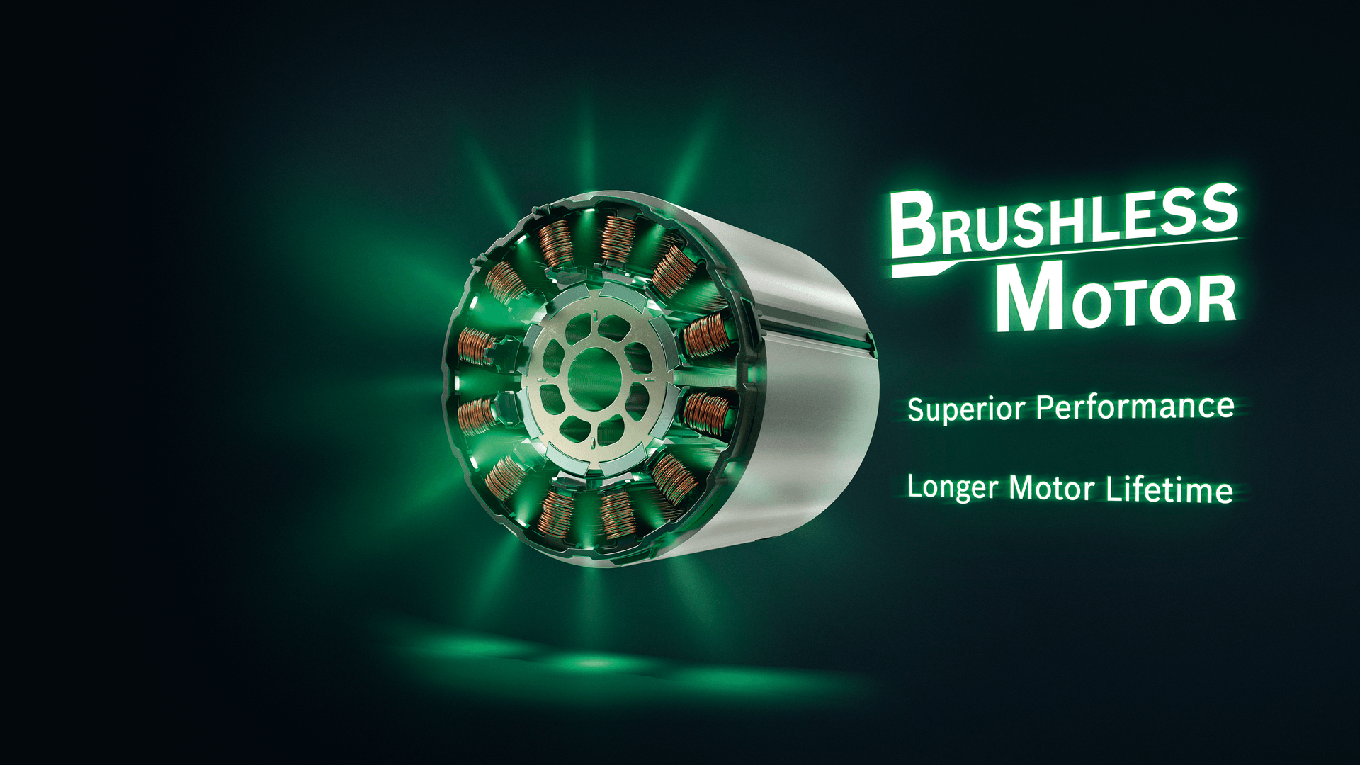 Motore brushless con avvolgimenti in rame, illuminato da luce verde.