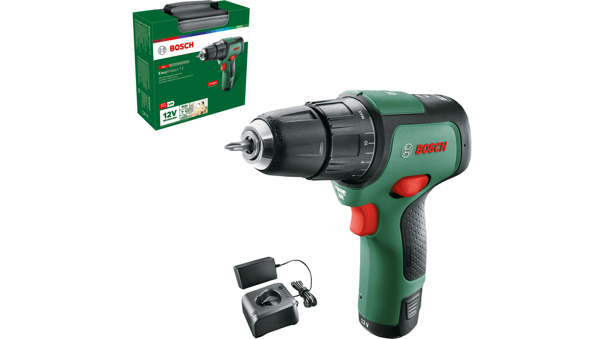 Trapano a batteria Bosch verde con caricabatterie e confezione.