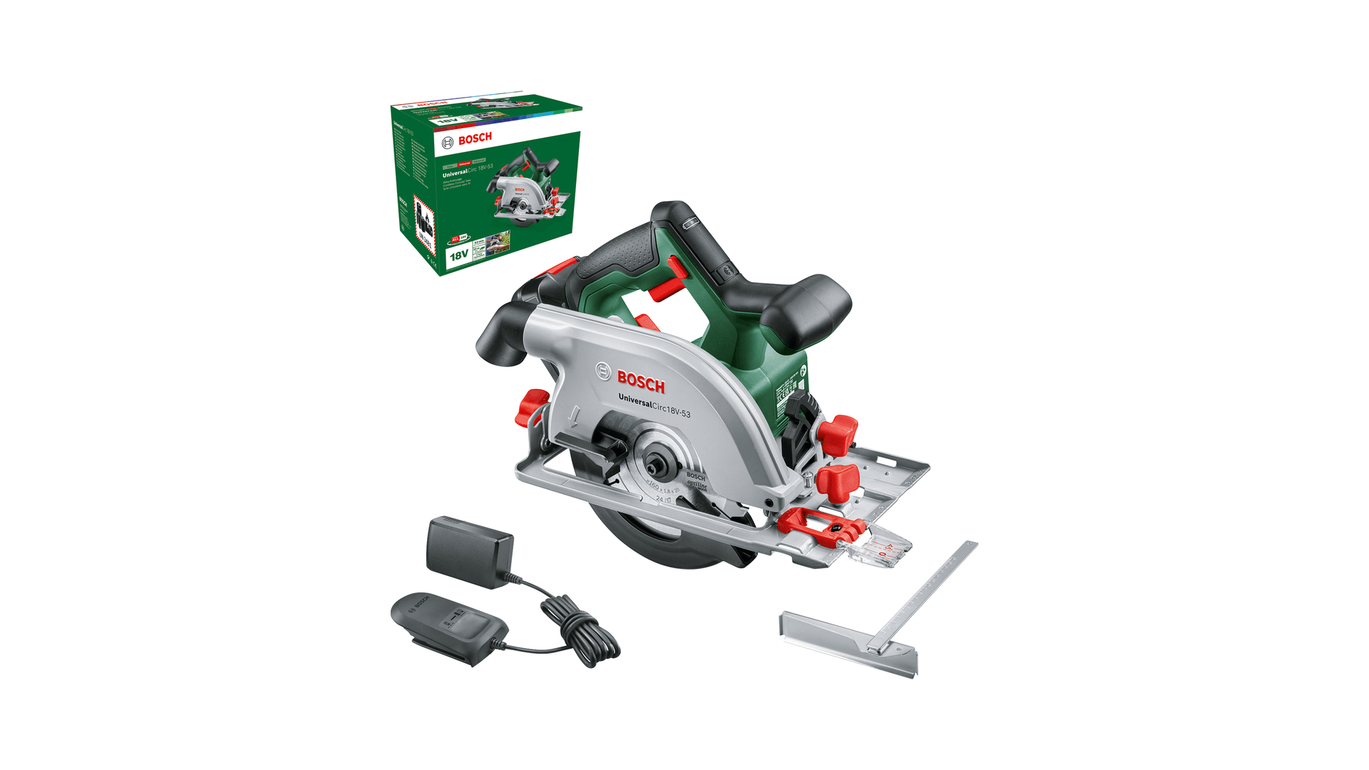 Pilarka tarczowa Bosch z akumulatorem, ładowarką i opakowaniem na białym tle.