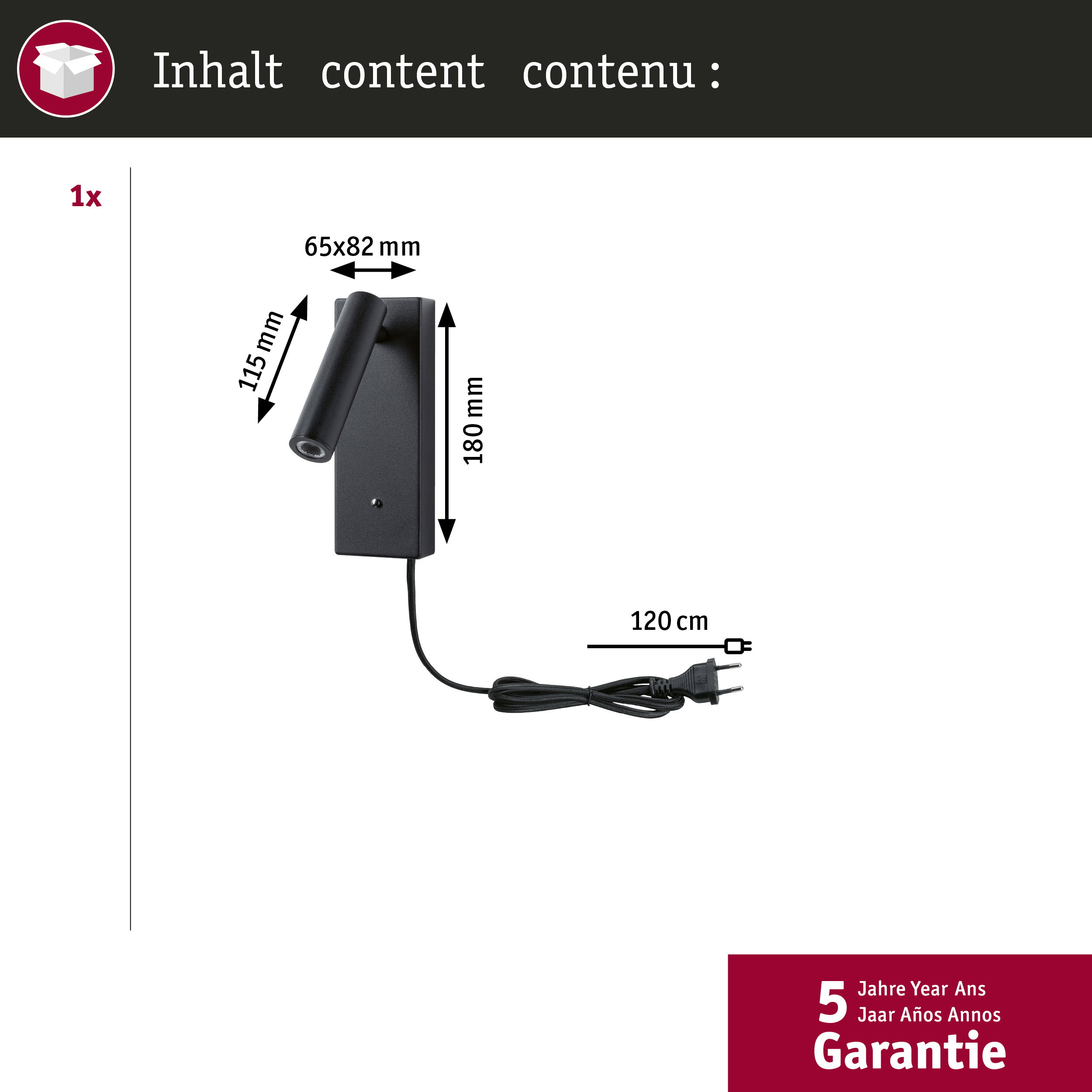 Czarna lampa ścienna z wymiarami i kablem. 5 lat gwarancji.