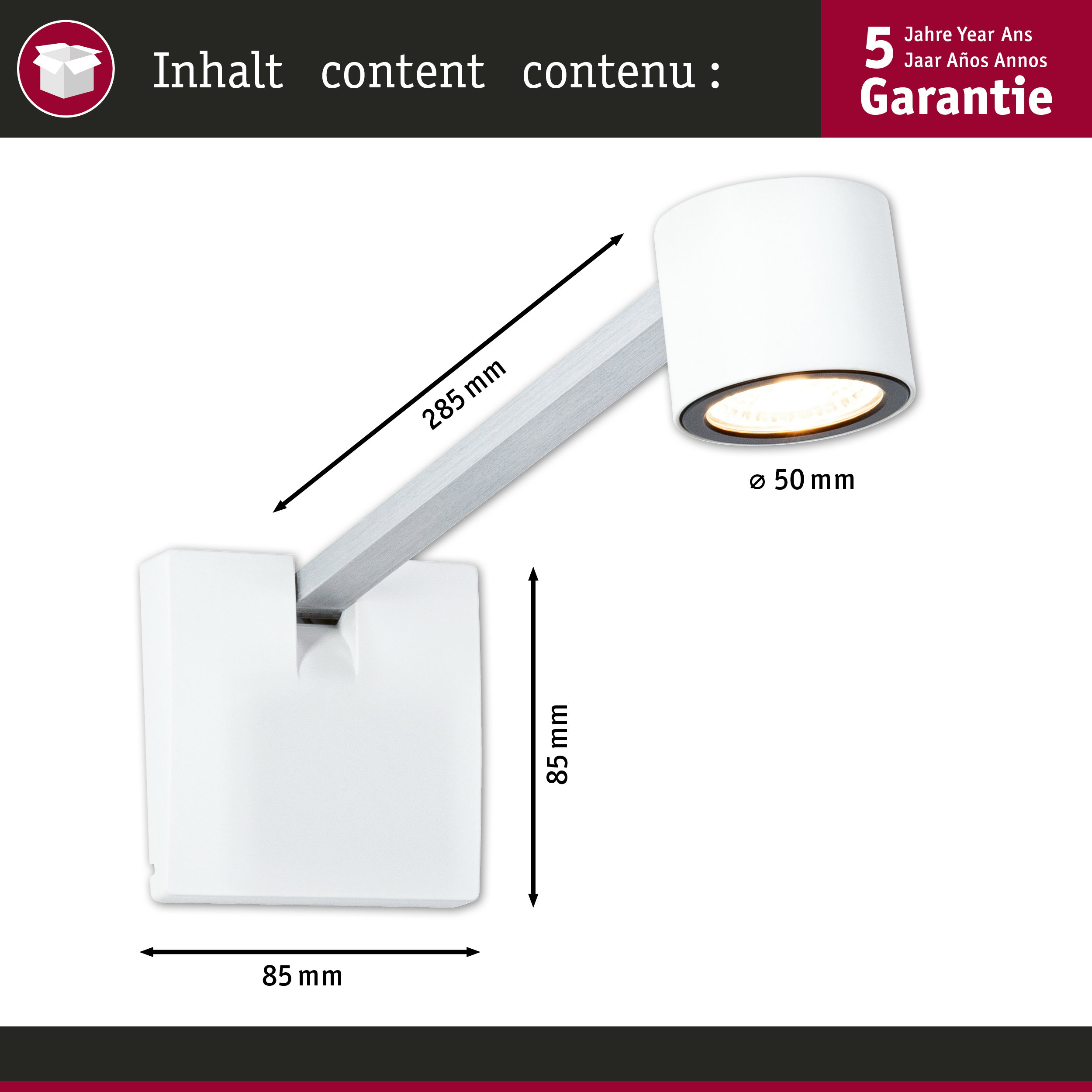 Biała lampa o wymiarach 85 mm, 285 mm i średnicy 50 mm.