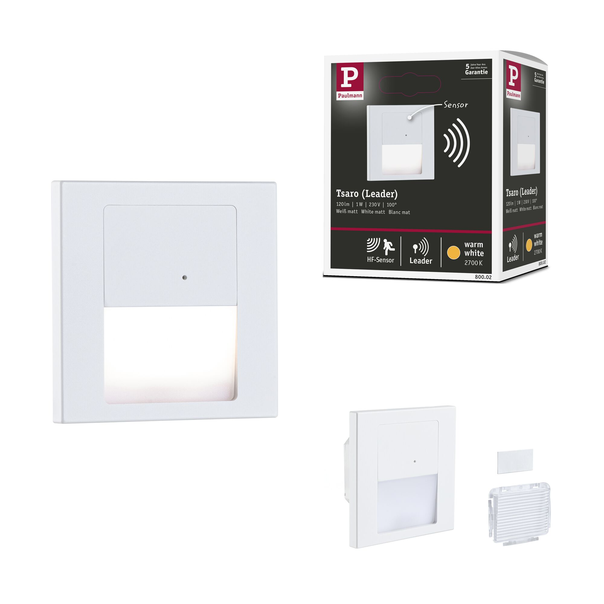 Białe światło nocne LED Paulmann Tsaro z czujnikiem i opakowaniem.