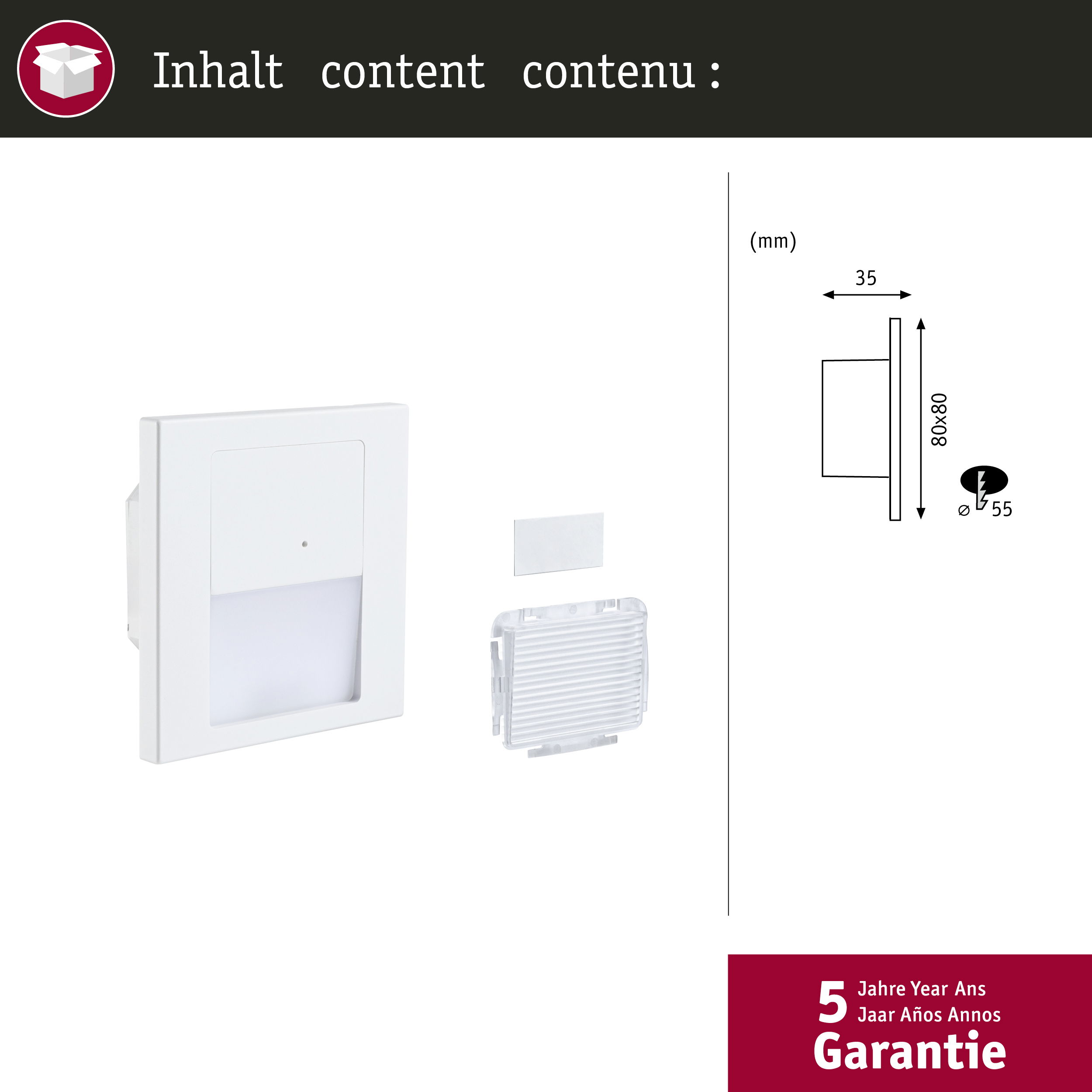 Biała lampa ścienna i akcesoria z wymiarami technicznymi i 5-letnią gwarancją.
