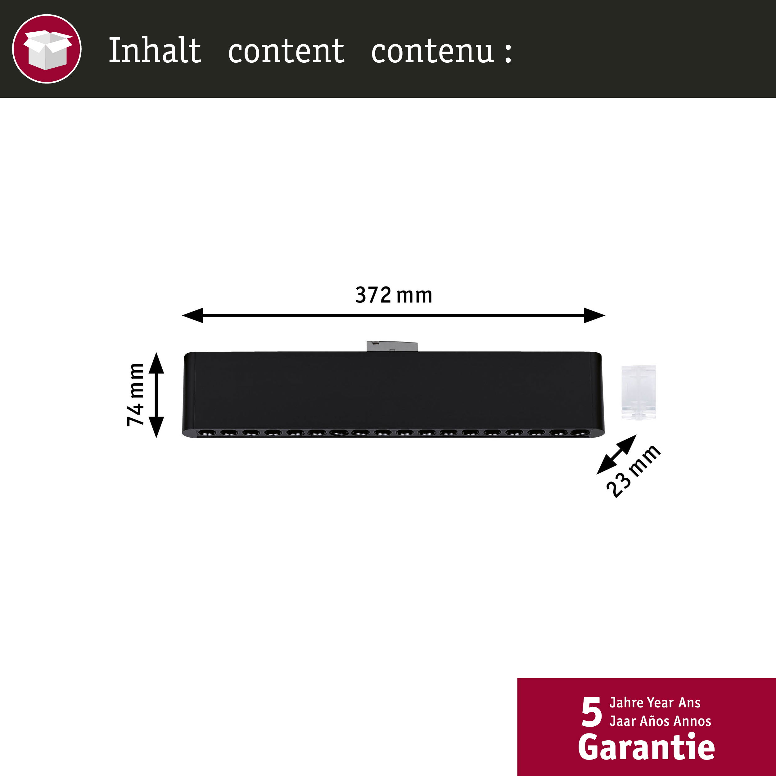 Czarny rozdzielacz 372x74x23mm z wieloma portami i informacją o gwarancji.