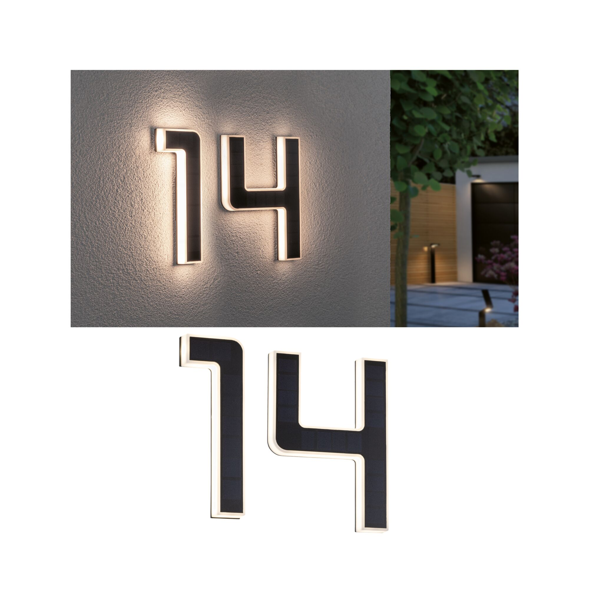 Podświetlany numer domu 14 z panelami słonecznymi, zamontowany na ścianie.