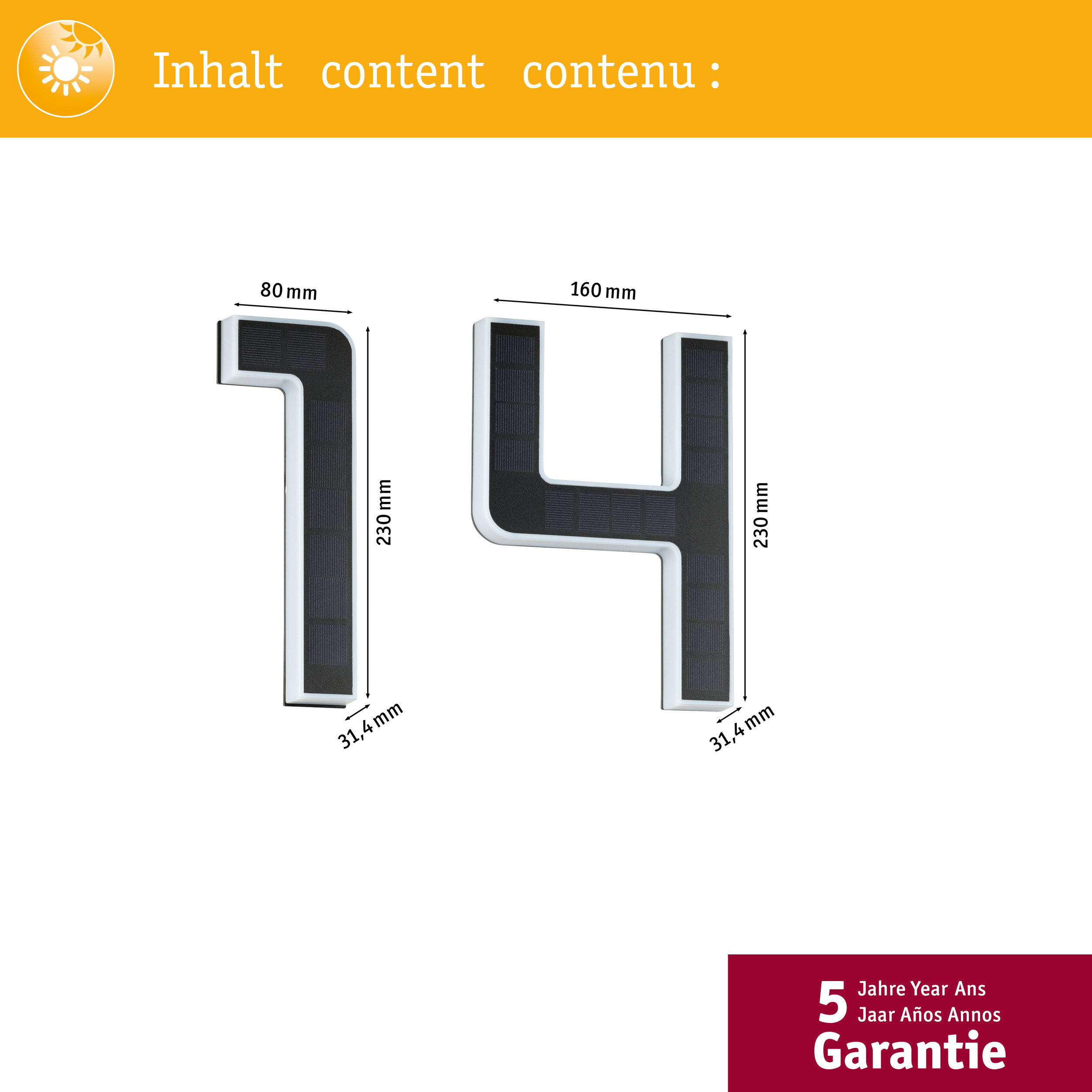 Dwa numery słoneczne z tworzywa sztucznego o wysokości 230 mm.