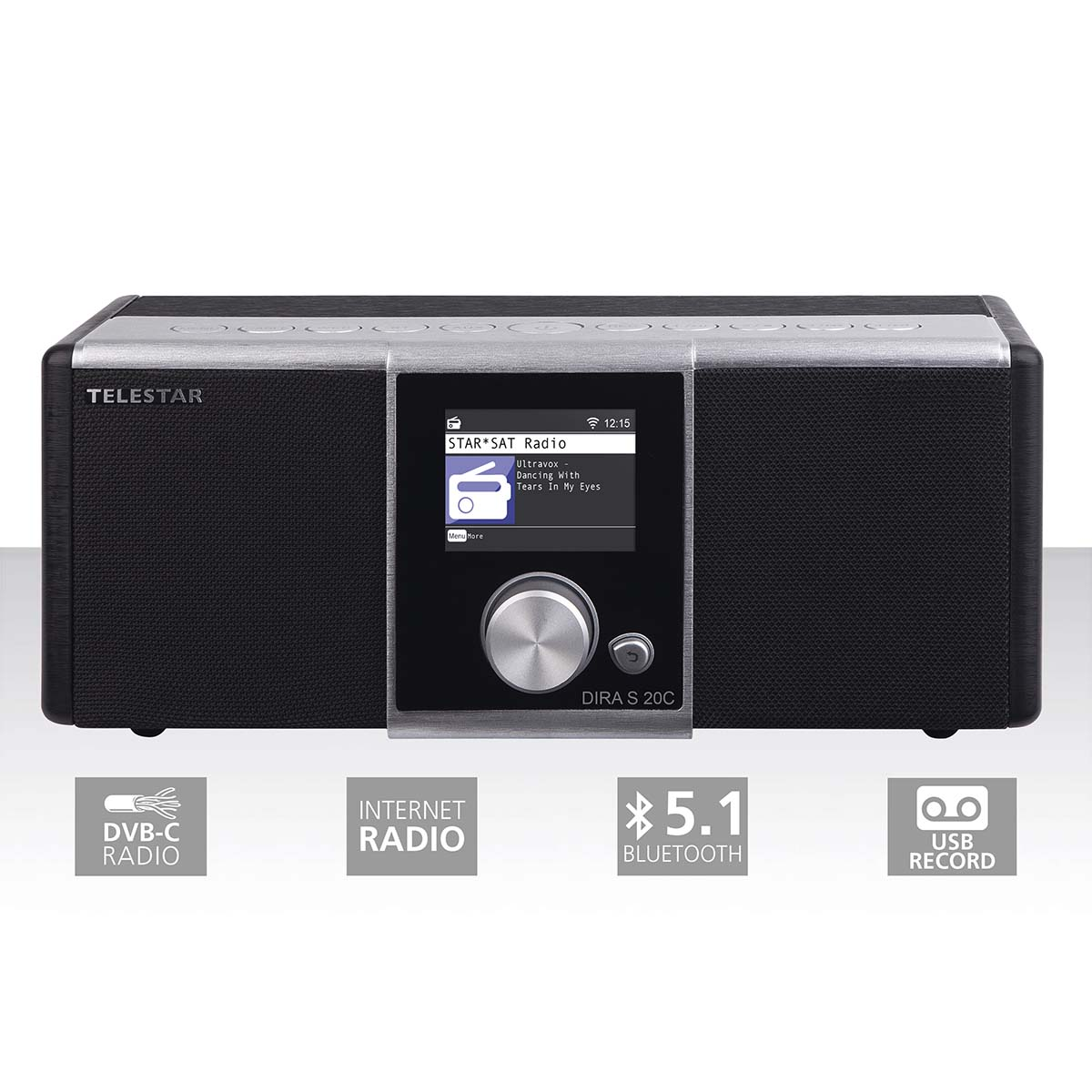 A black Telestar DIRA S 20C digital radio with silver accents and a display.