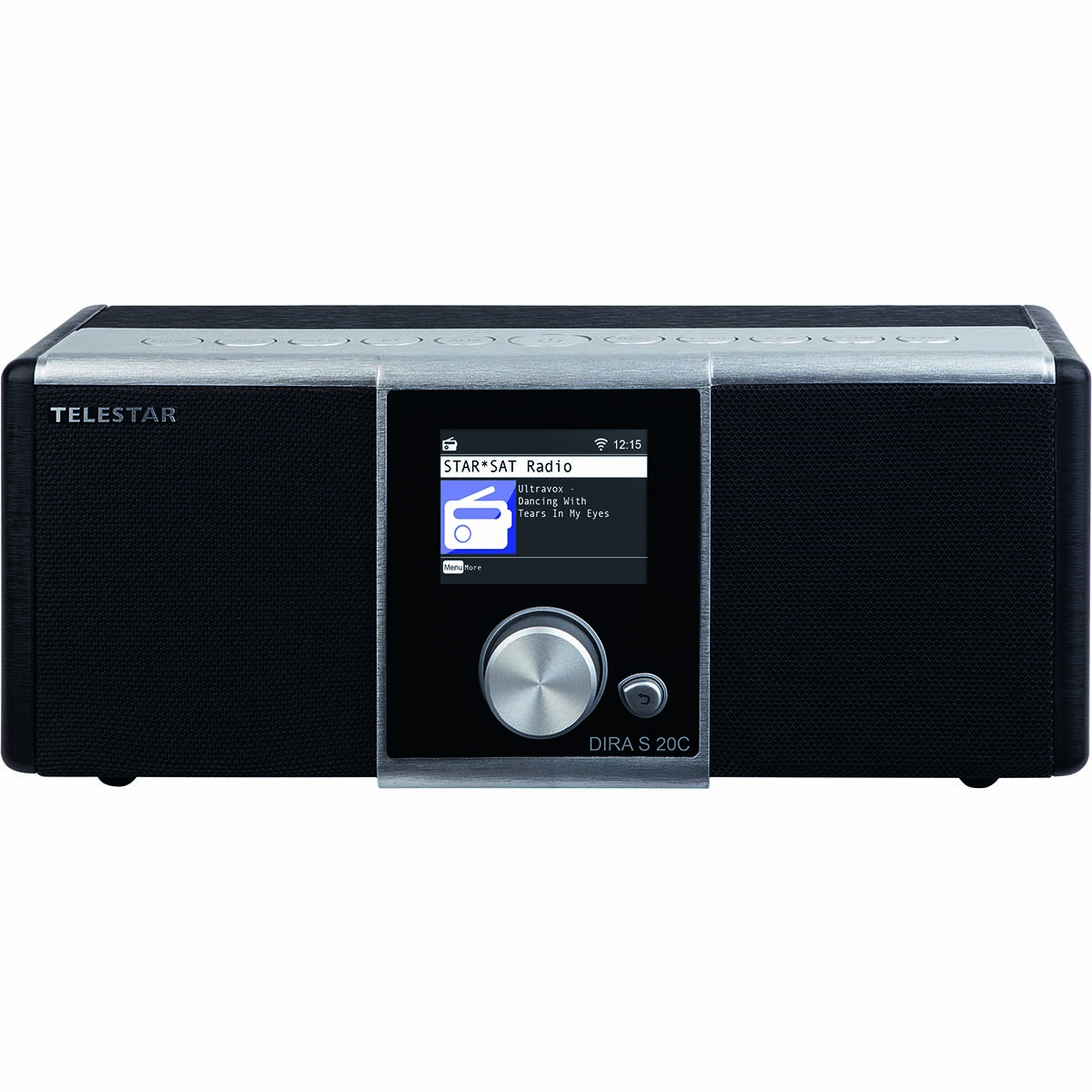 A black Telestar radio with a silver dial and display screen.