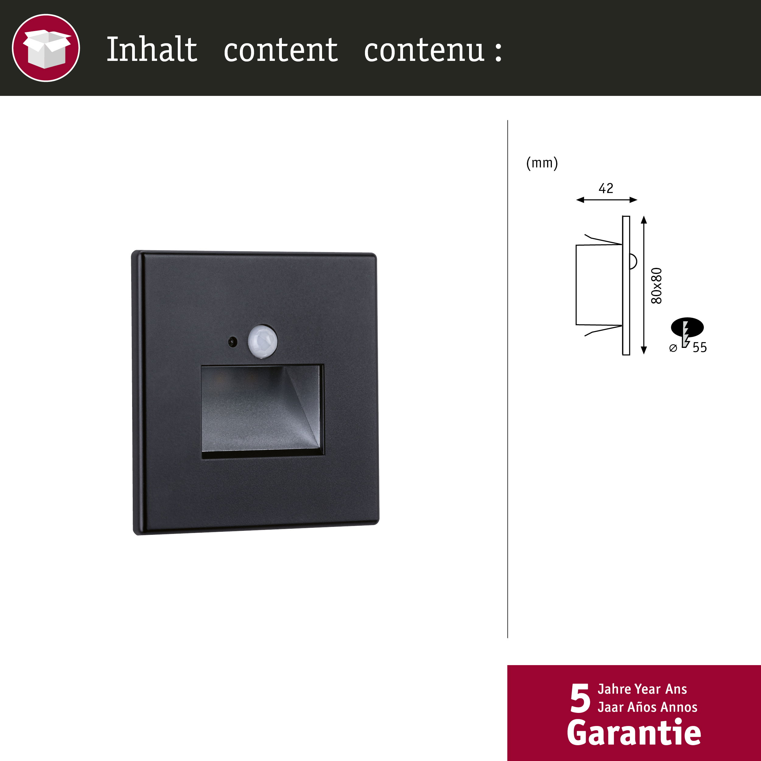 Applique da parete nera con sensore di movimento e dimensioni tecniche.