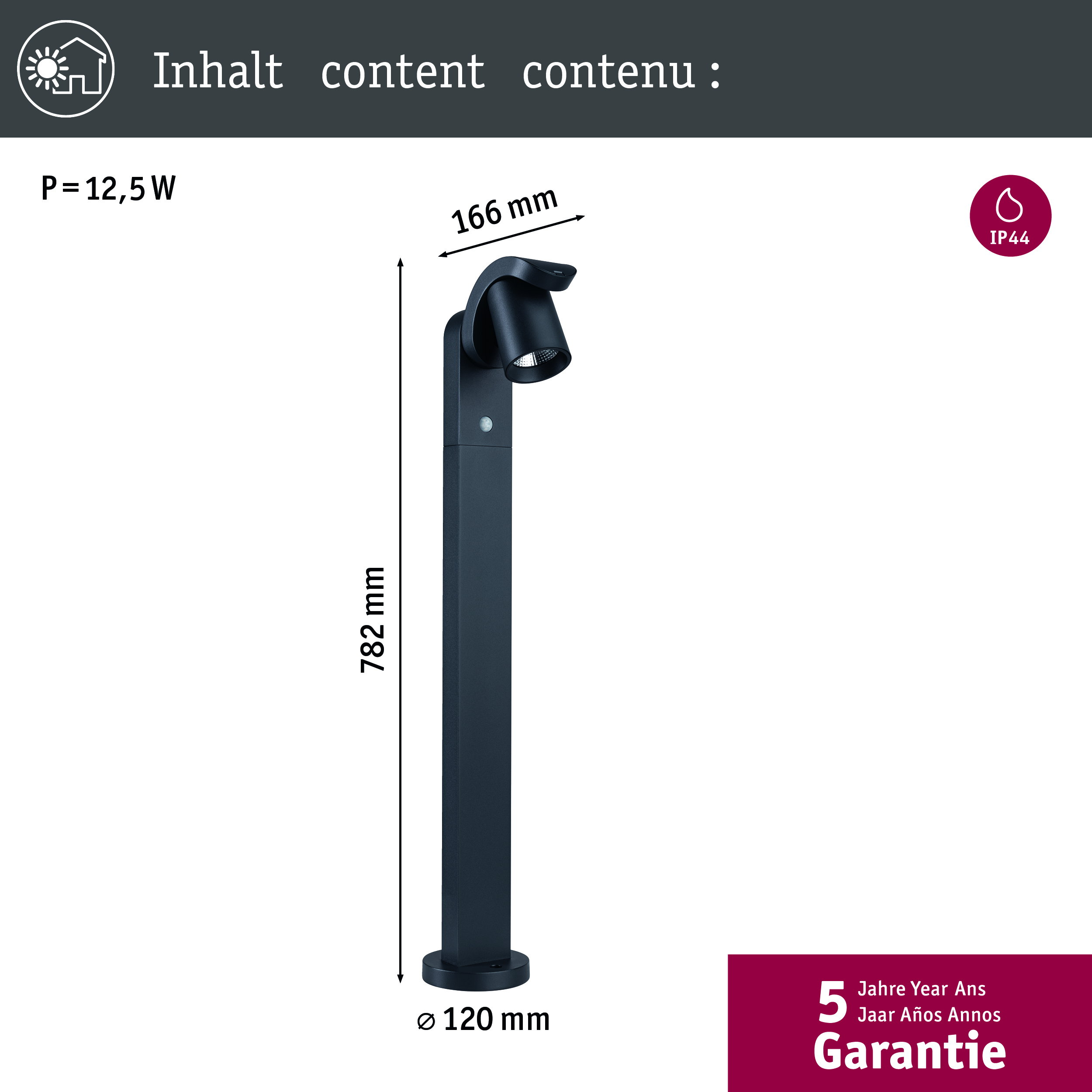 Czarna lampa zewnętrzna o wymiarach 782x166x120mm, 12.5W, IP44.