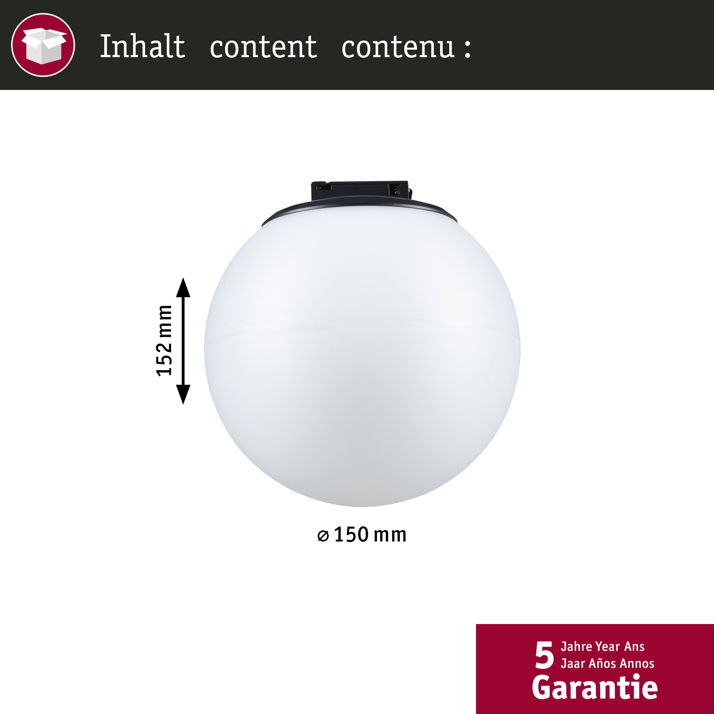 Una sfera bianca con diametro 150 mm e altezza 152 mm.