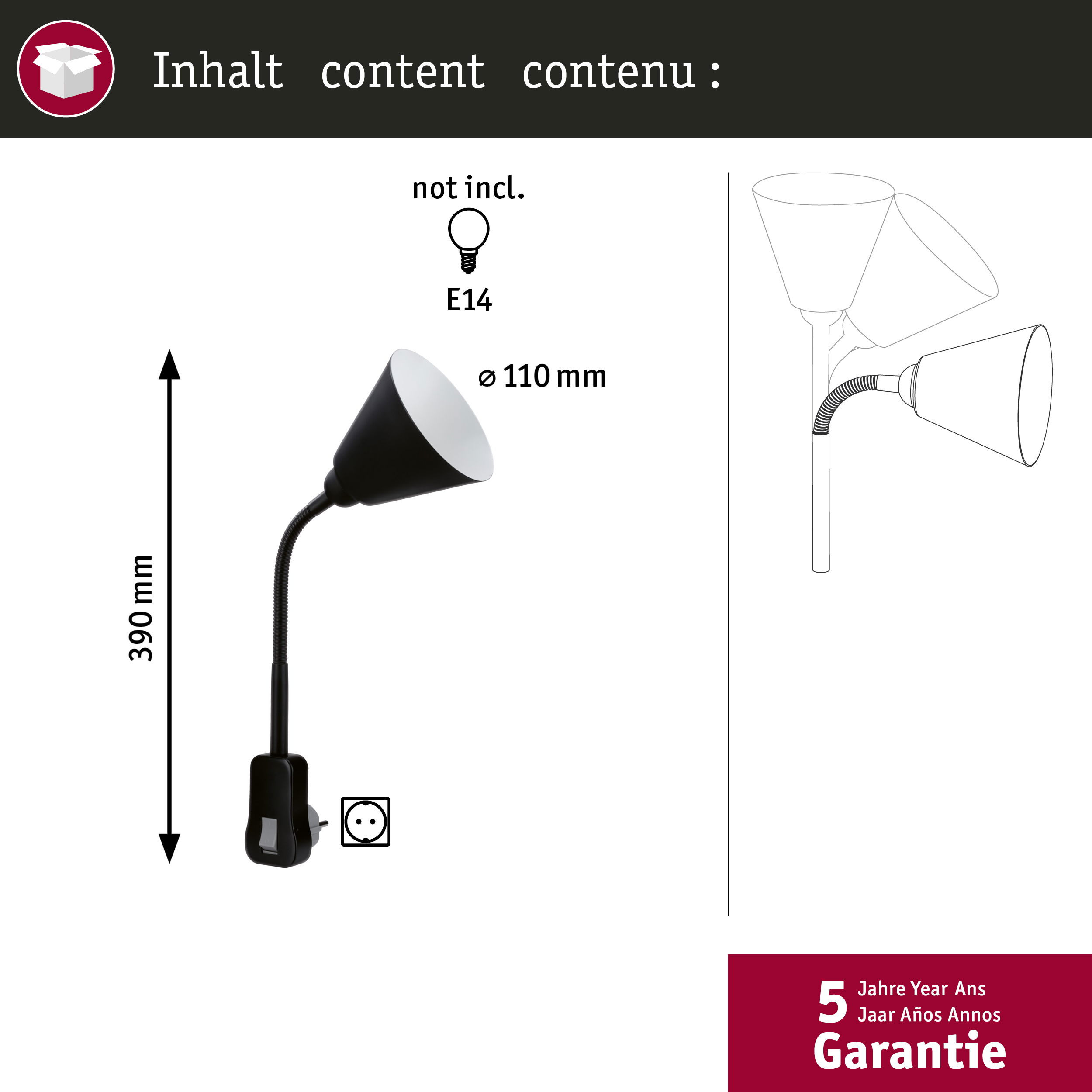 Czarna lampa biurkowa, 390mm wysokości, 110mm średnicy, E14.