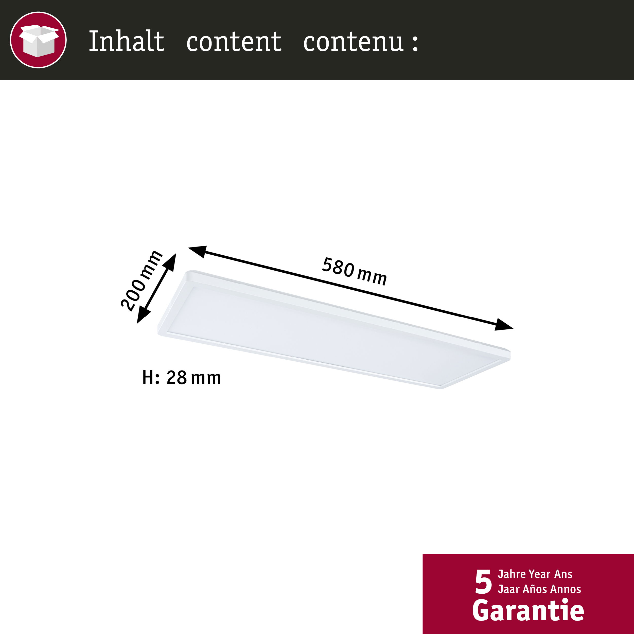 Weiße LED-Deckenleuchte mit Maßen 580x200x28 mm und 5 Jahre Garantie.