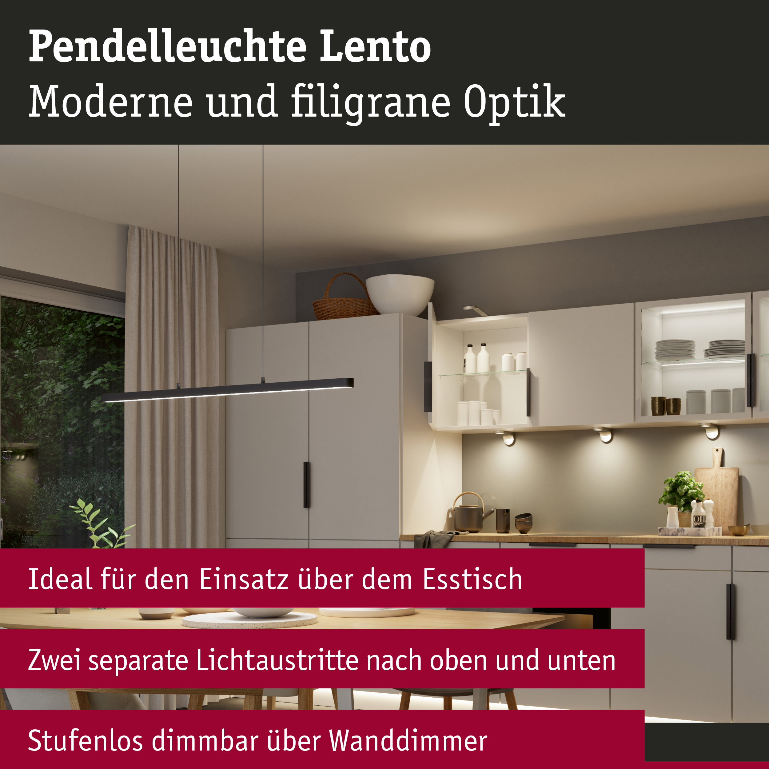 Moderne Pendelleuchte Lento über einem Esstisch in einer stilvollen Küche.