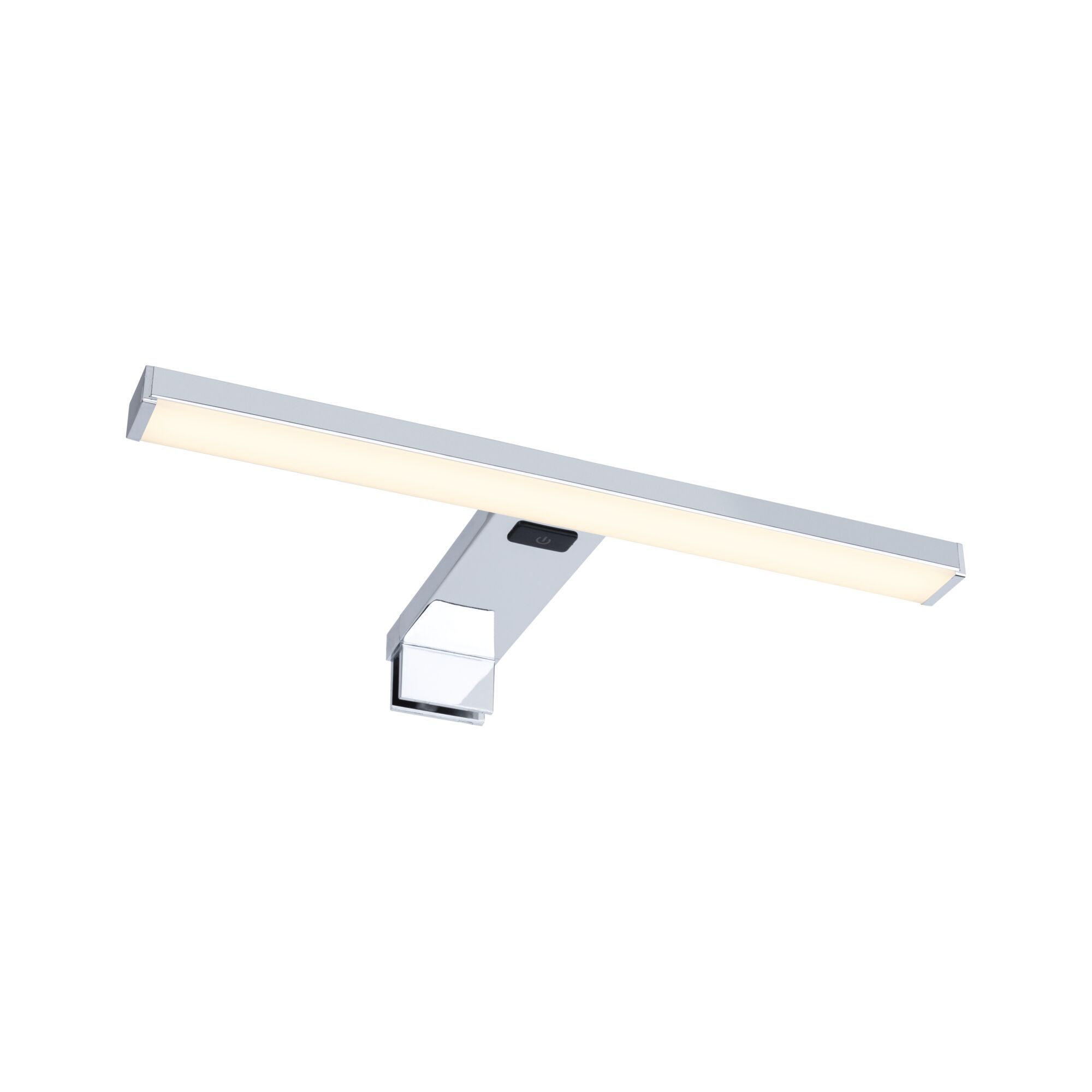 Una sottile barra luminosa a LED argentata con un pulsante.