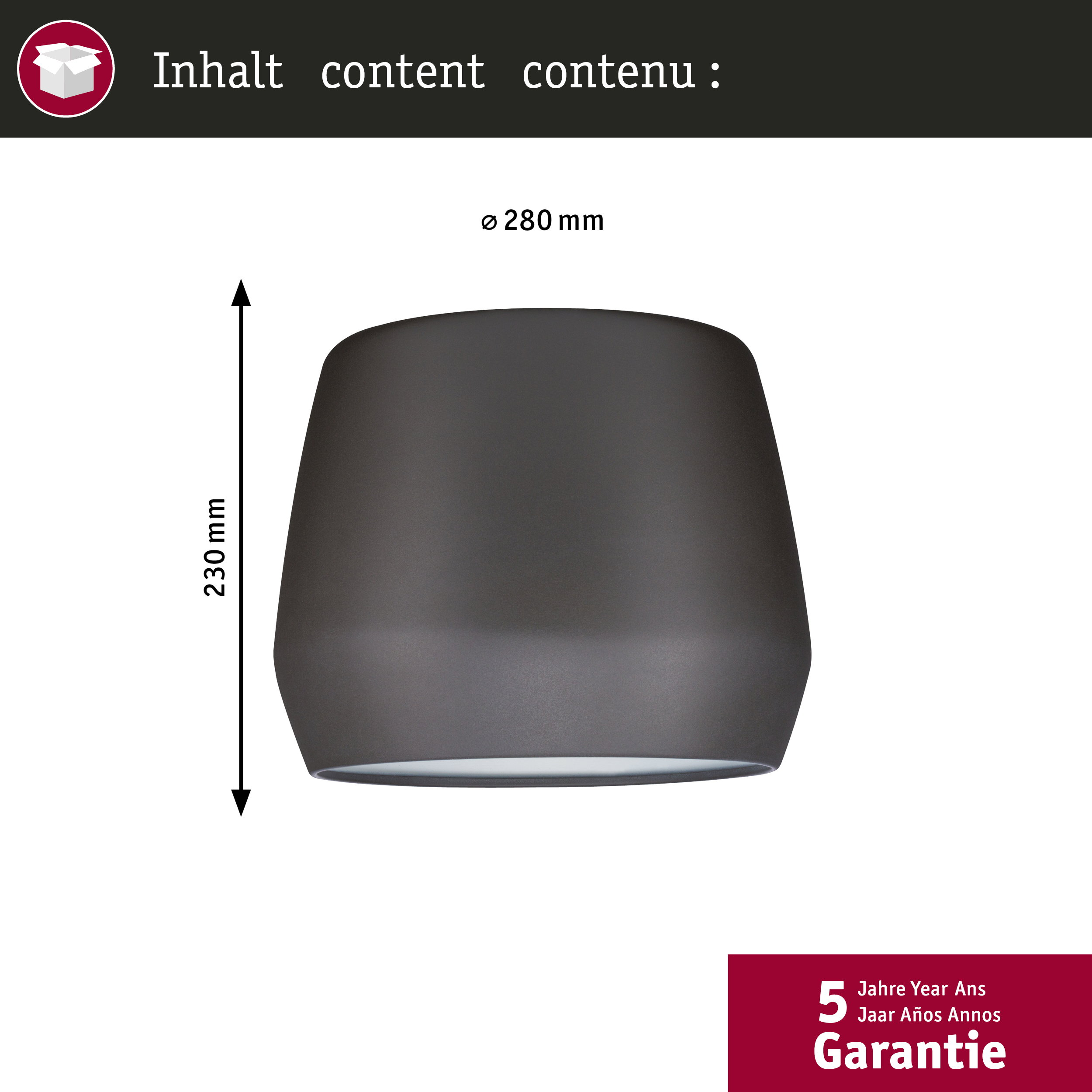 Szary klosz lampy o wymiarach: wysokość 230 mm, średnica 280 mm.