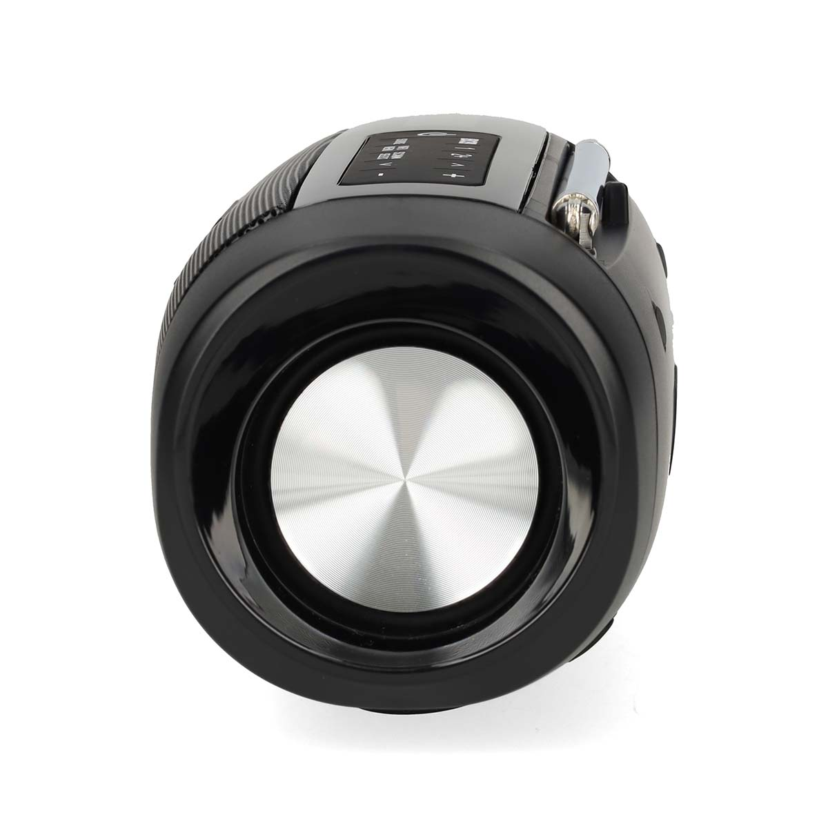 Black speaker with silver grill and antenna.