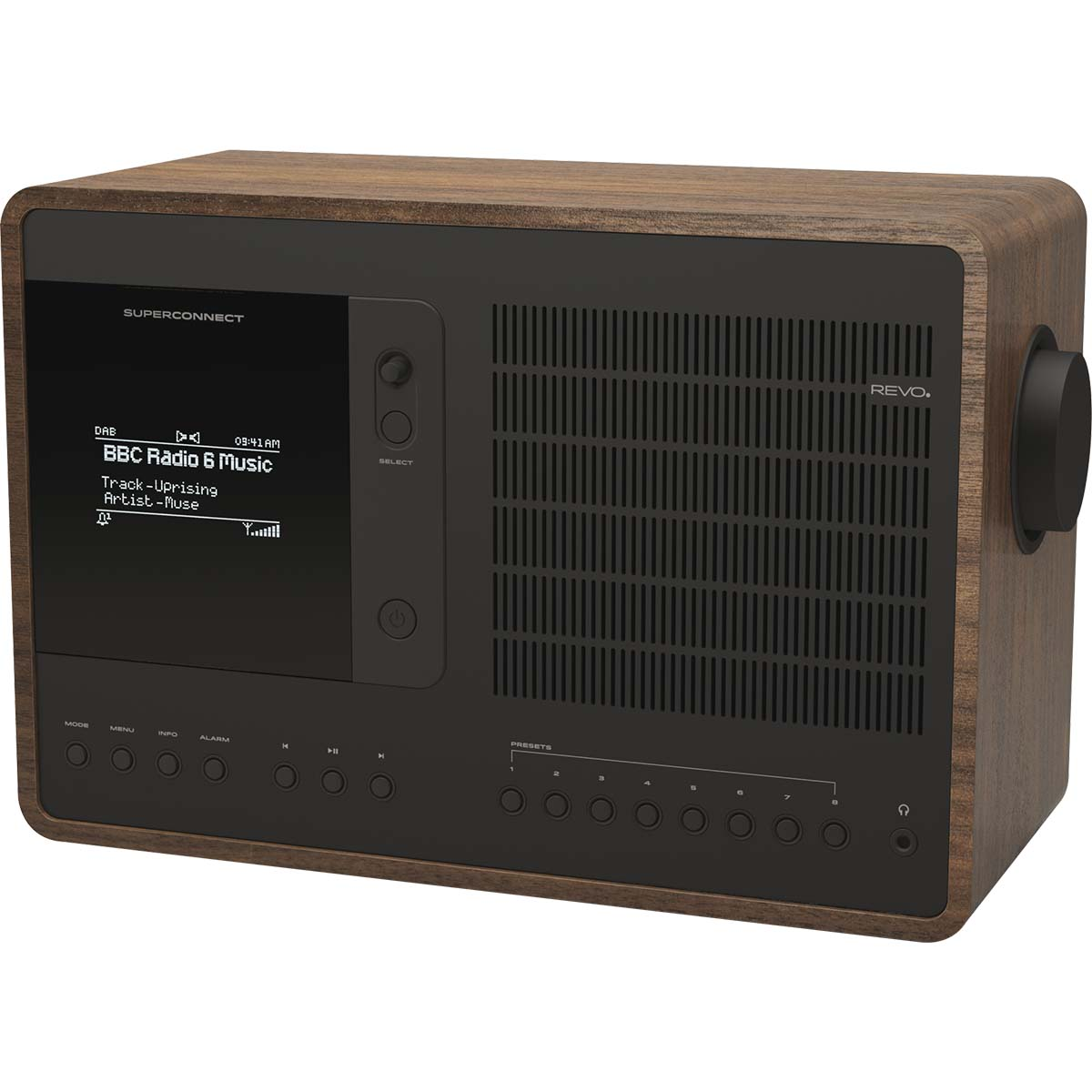 A wooden radio with a black screen and speaker grill. Displays BBC Radio 6 Music.