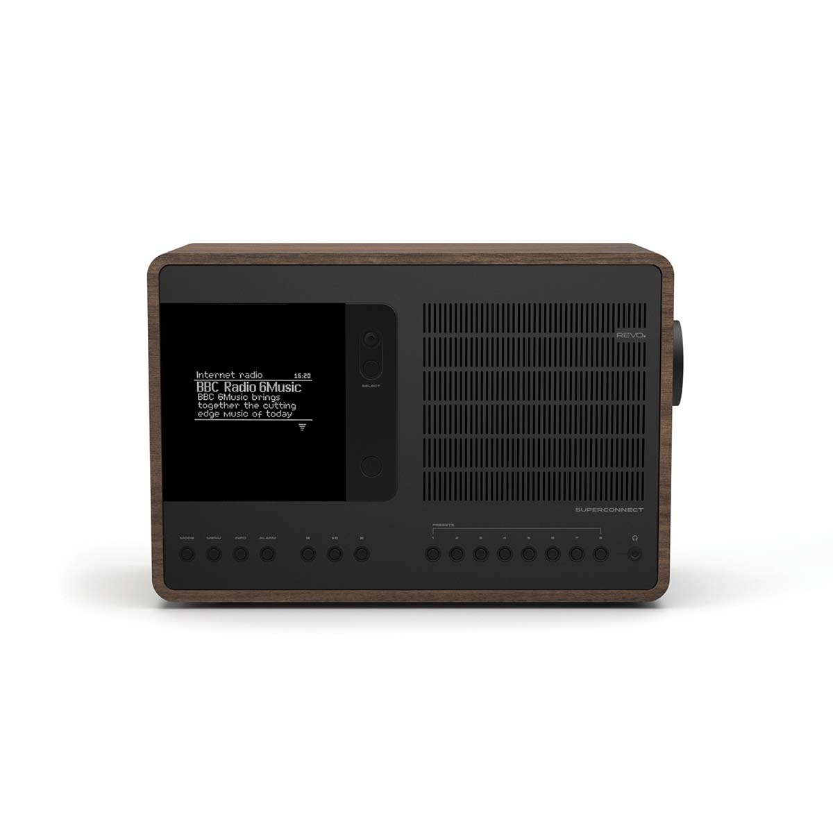 A brown internet radio with a black screen displaying BBC Radio 6Music.