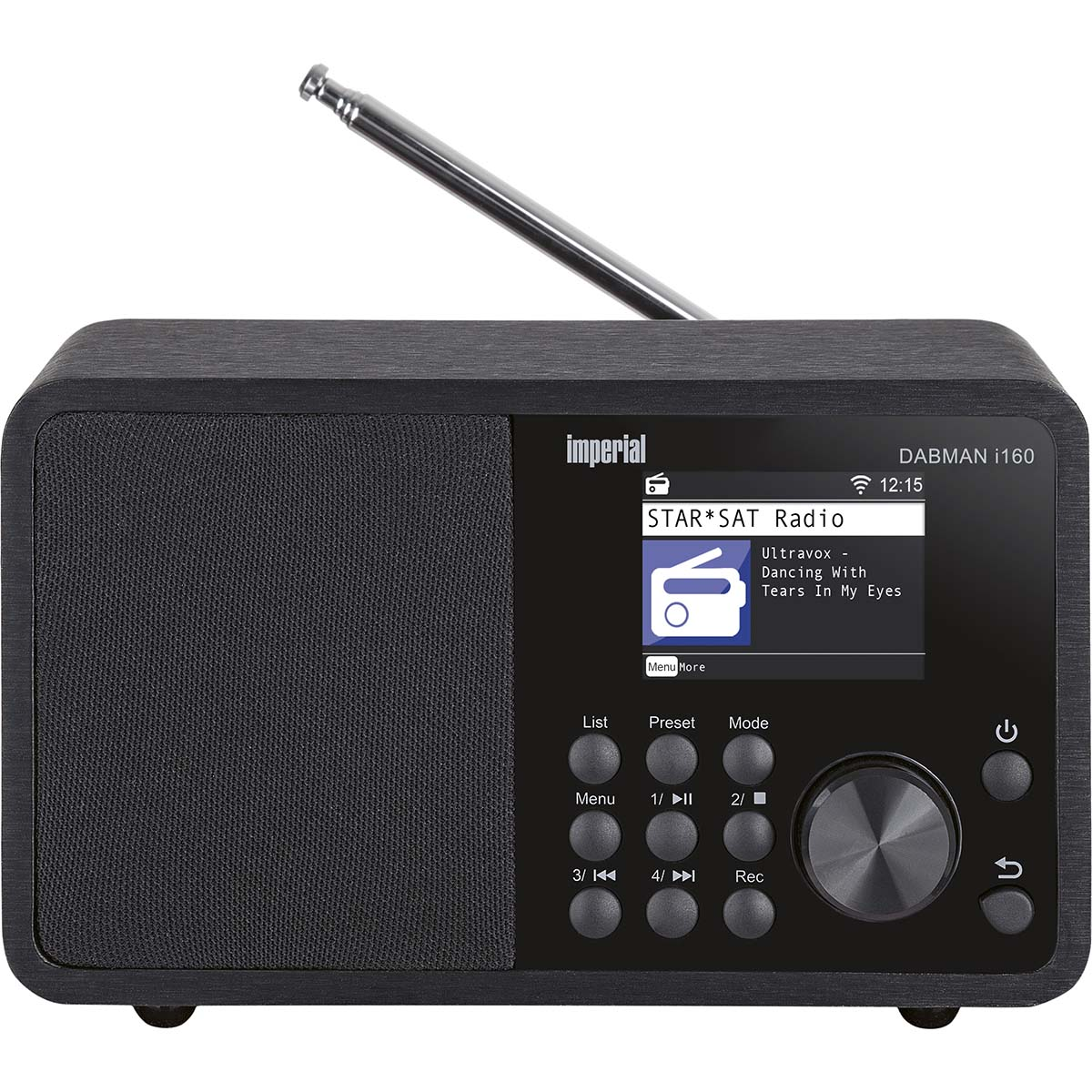 Een zwarte DAB+ radio met uitschuifbare antenne en LCD-scherm.