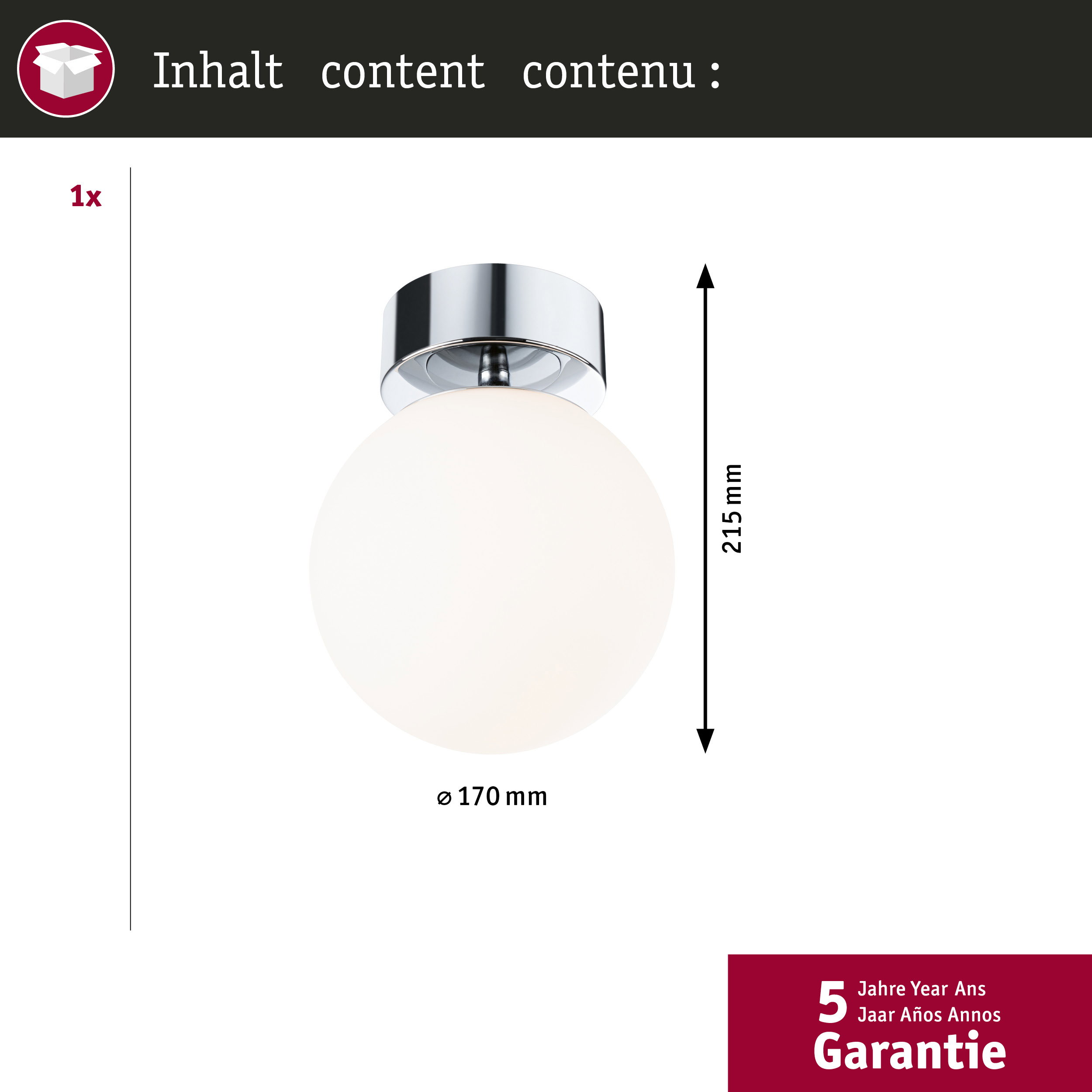 Okrągła, biała lampa z chromowanymi detalami, średnica 17cm.