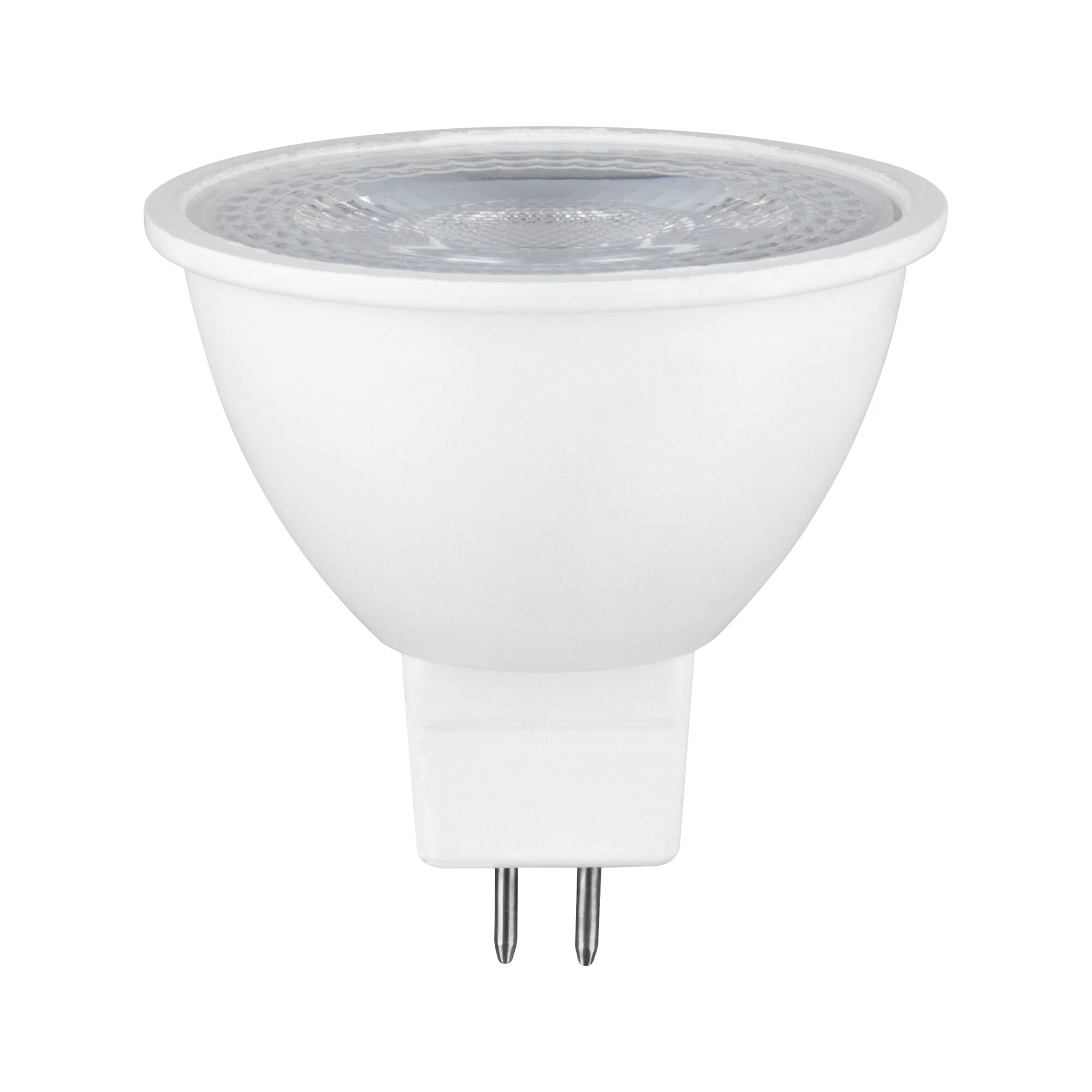 Eine weiße LED-Lampe mit zwei Stiften und einem klaren, facettierten Kopf.