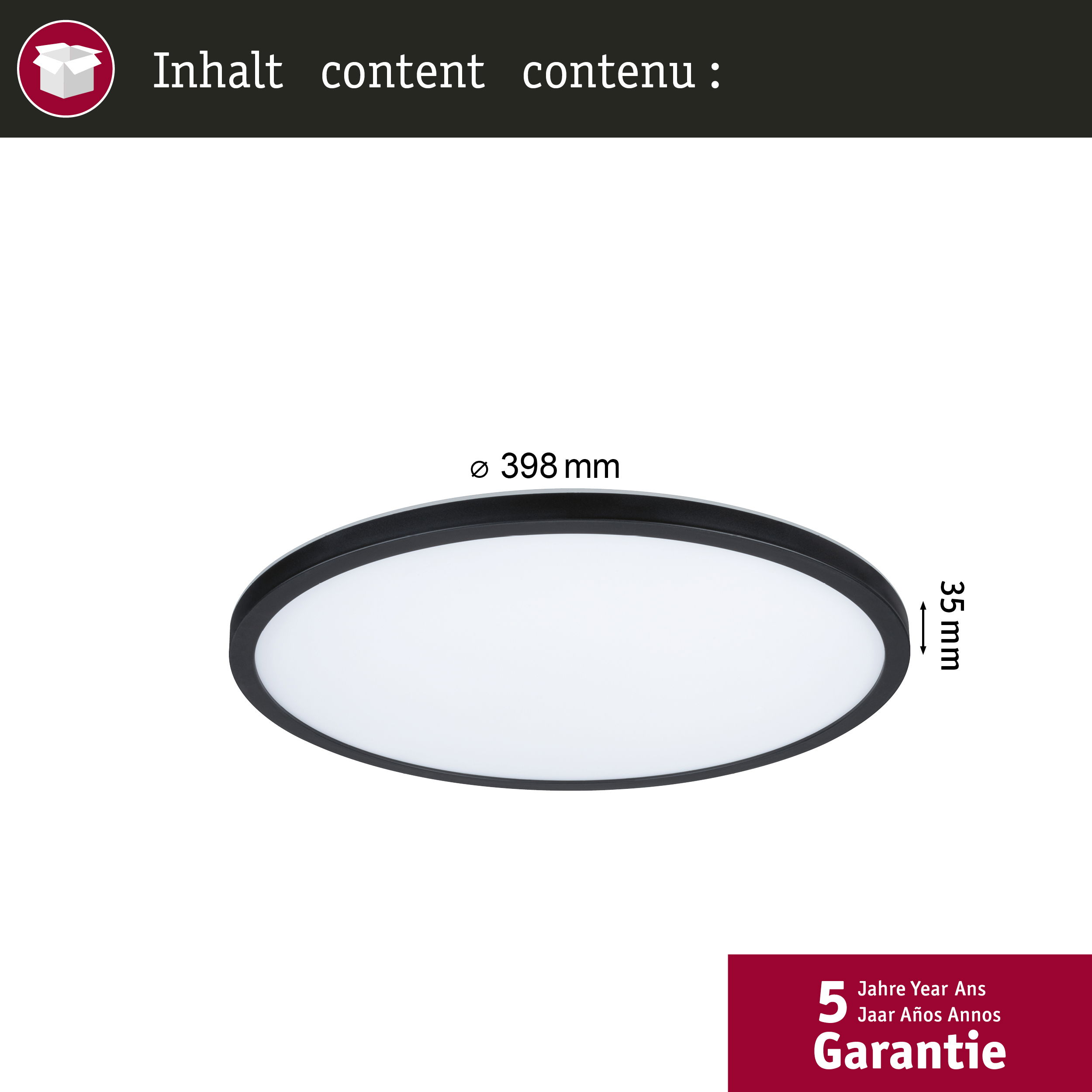 Eine runde, flache schwarze Lampe mit 398 mm Durchmesser und 35 mm Höhe.