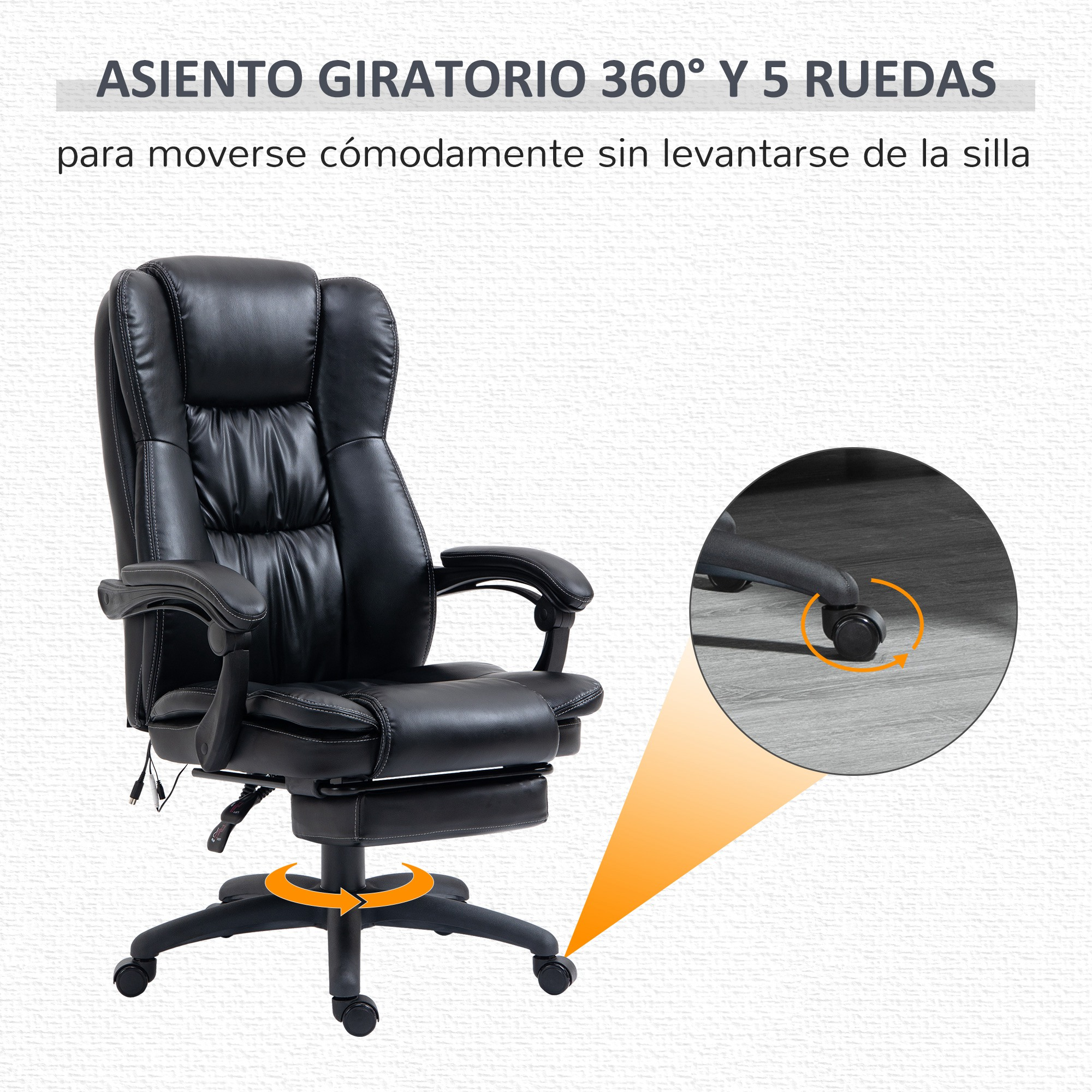 Silla de oficina negra con giro de 360° y reposapiés.