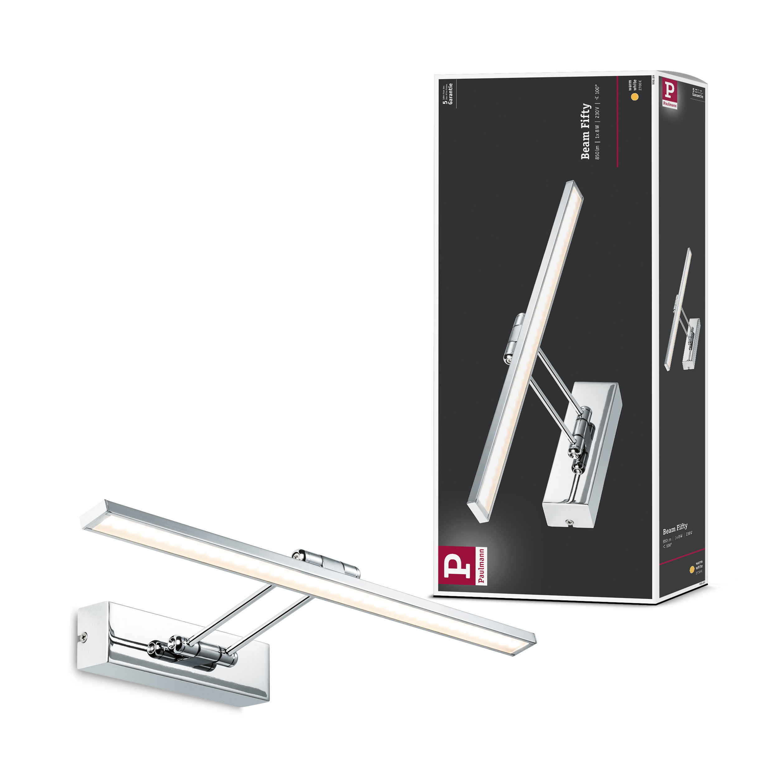 Nowoczesny srebrny kinkiet LED z opakowaniem.