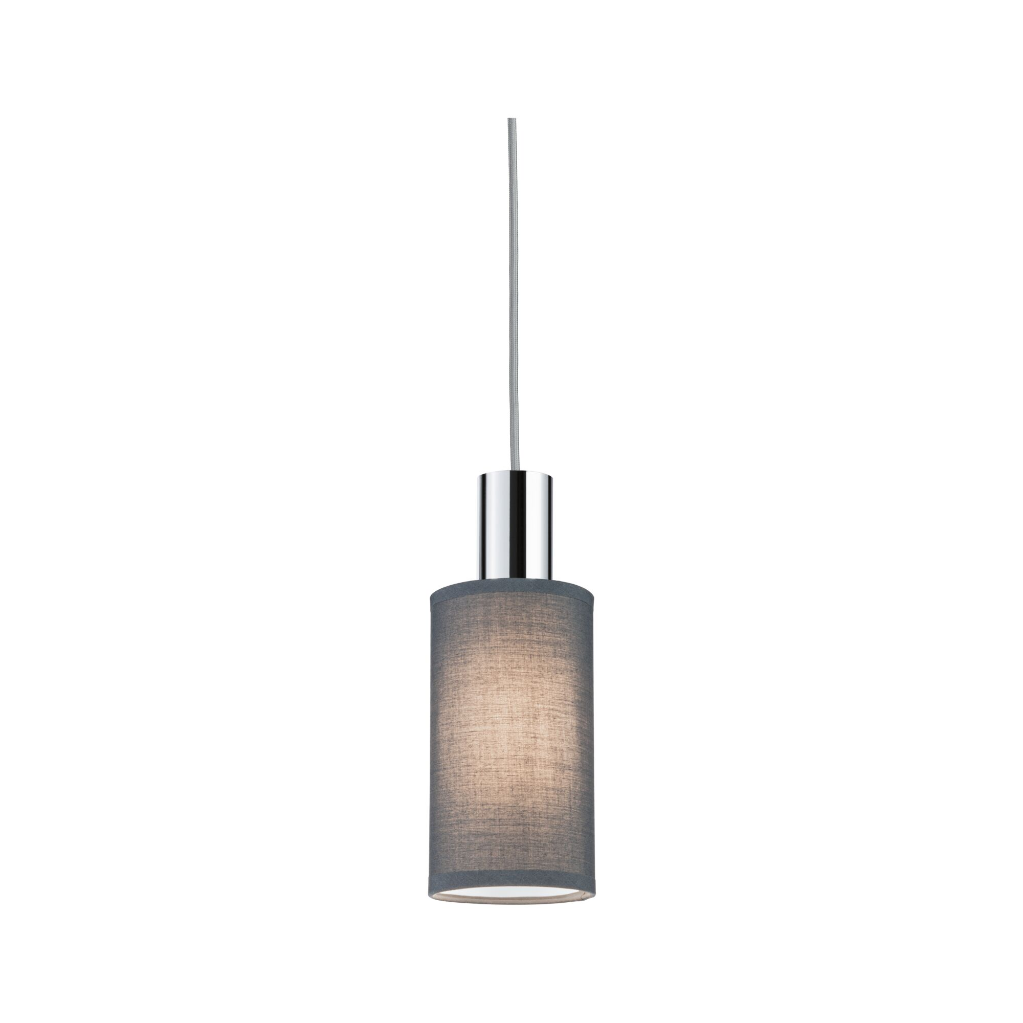 Grauer Zylinder-Pendelleuchte mit silbernem Metall oben und Kabel.