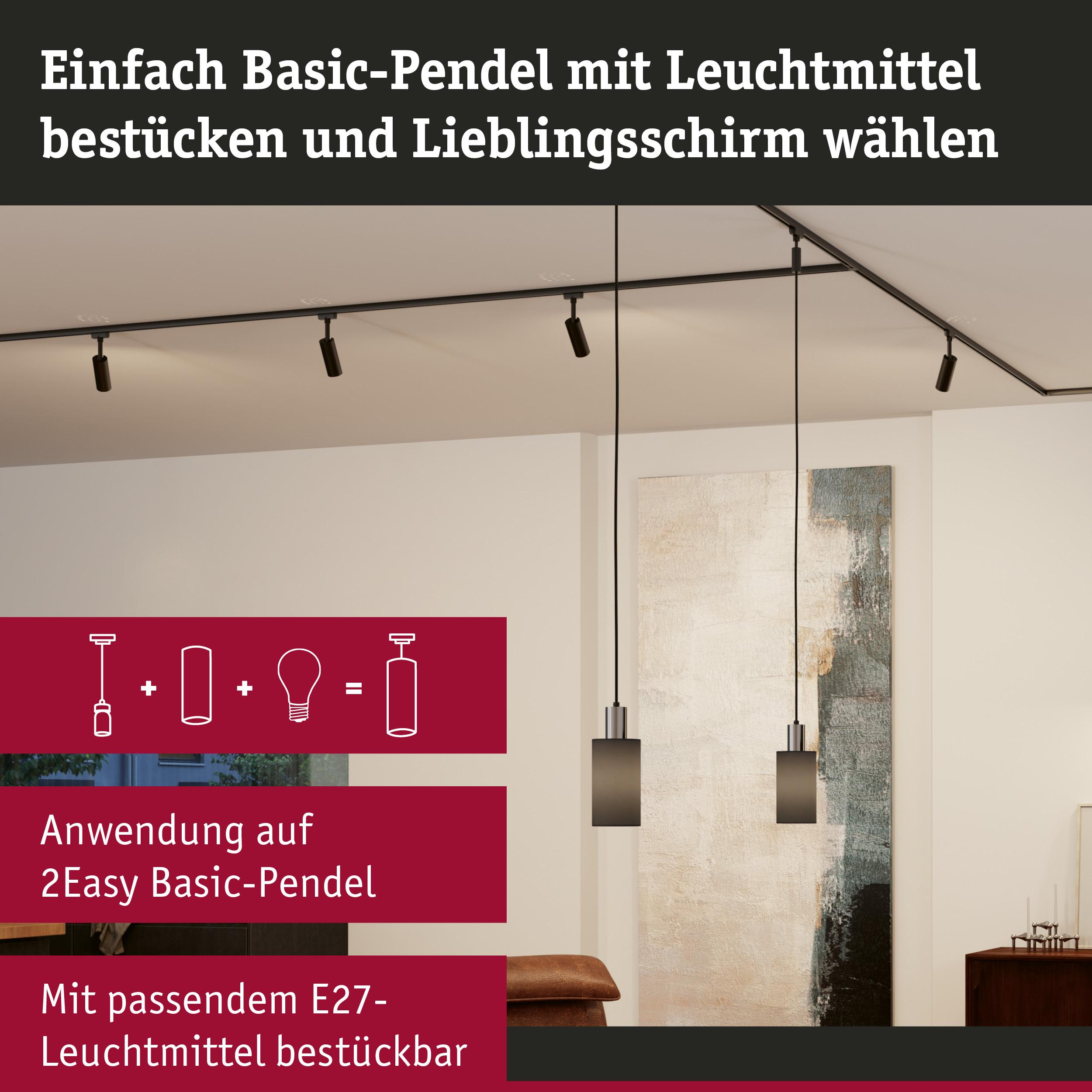 Eine Beleuchtungsschiene mit mehreren Pendelleuchten und Text.