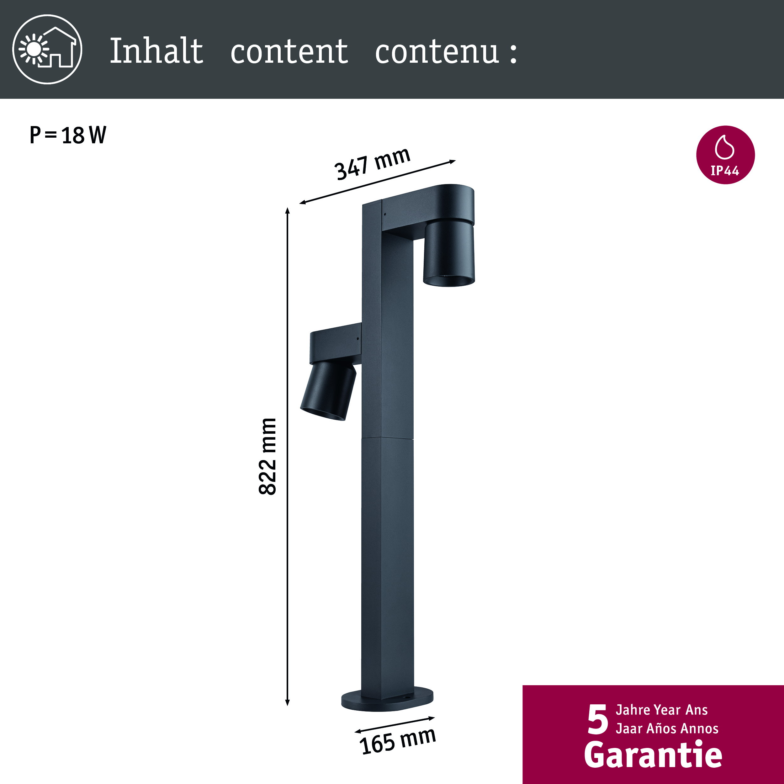 Czarna lampa zewnętrzna, wysokość 822mm, szerokość 347mm, głębokość 165mm.