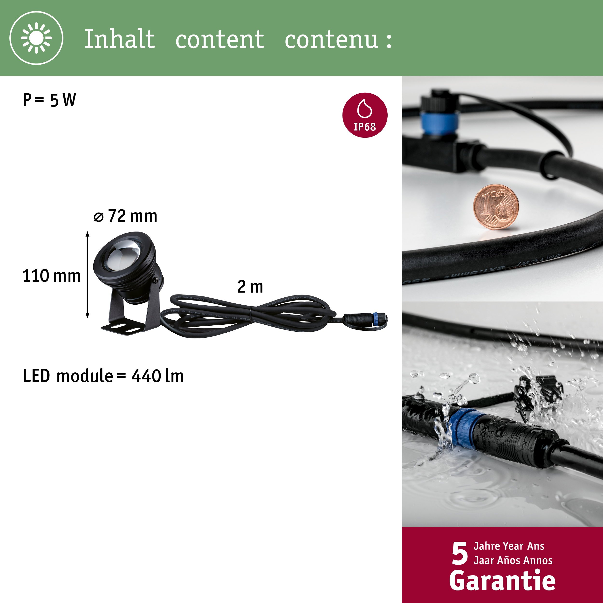 5W LED-Außenleuchte, 72mm Durchmesser, 110mm Höhe, 2m Kabel, IP68.
