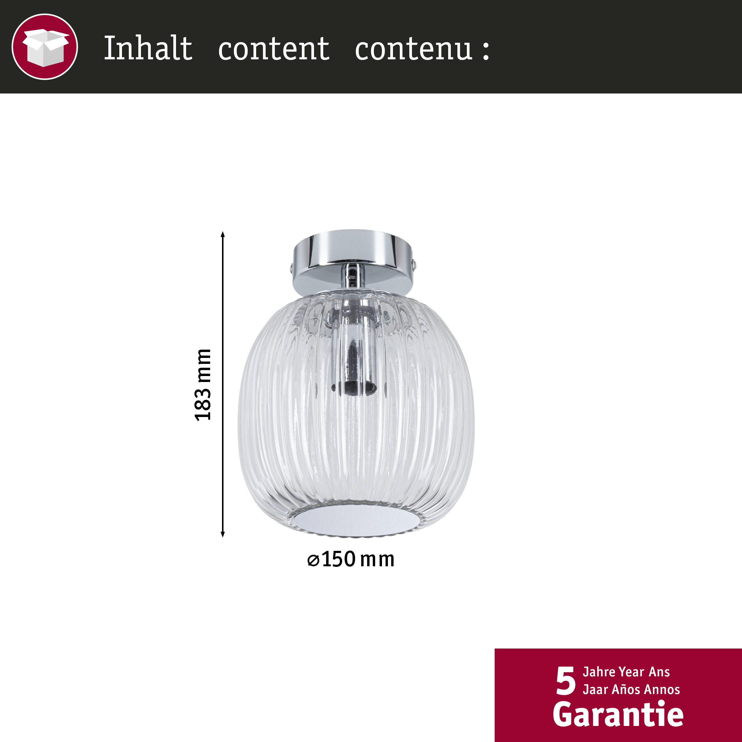Eine Lampe mit geripptem Glas und Chromdetails, Höhe 183 mm, Durchmesser 150 mm.
