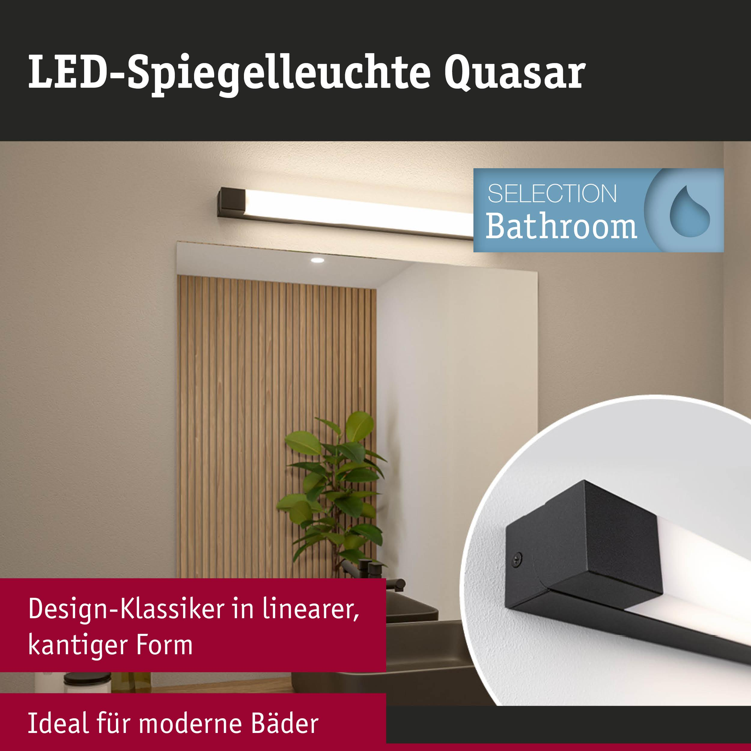 Nowoczesna lampa LED nad lustro w łazience z drewnianym panelem.