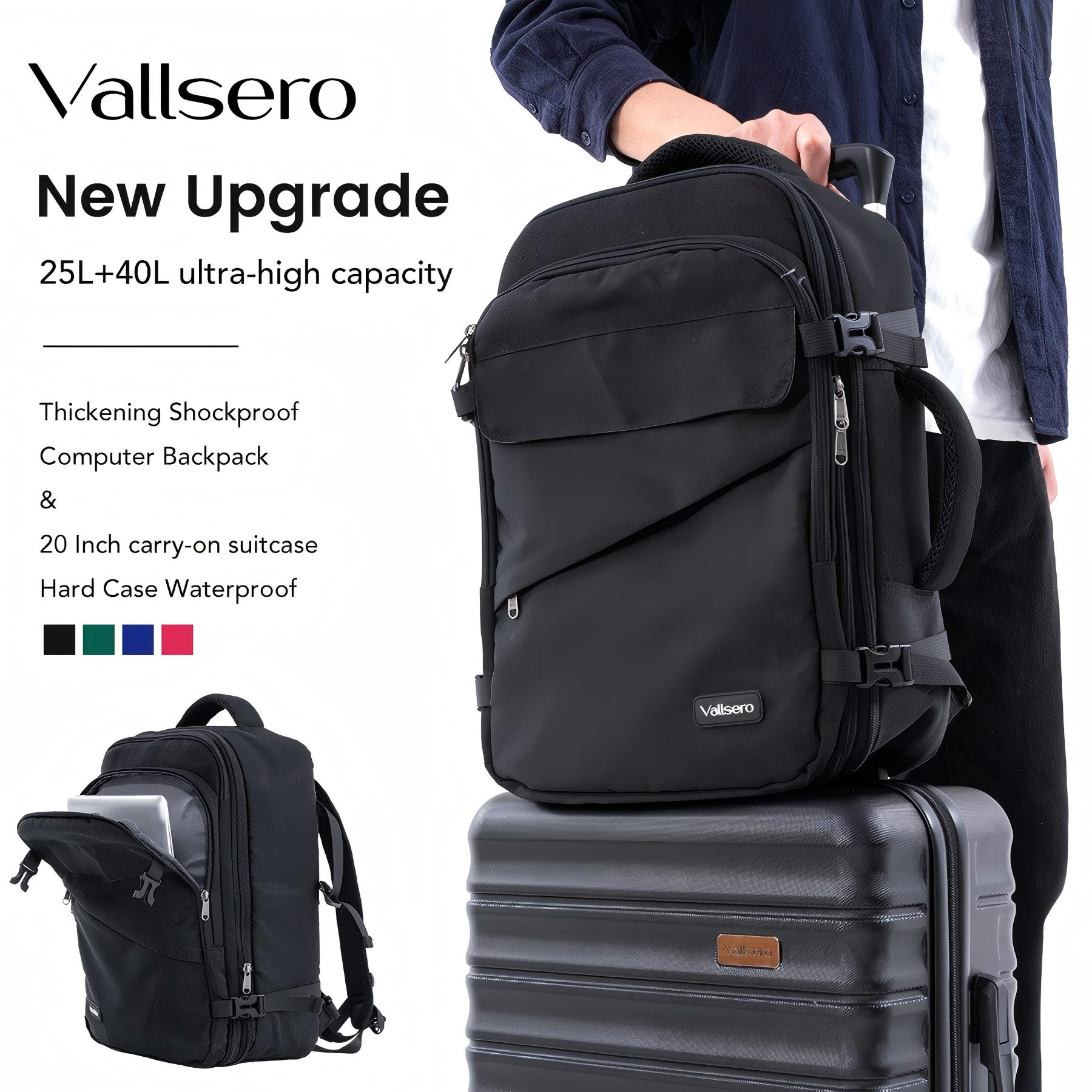 Schwarzer Rucksack mit Laptopfach und Rollkoffer.