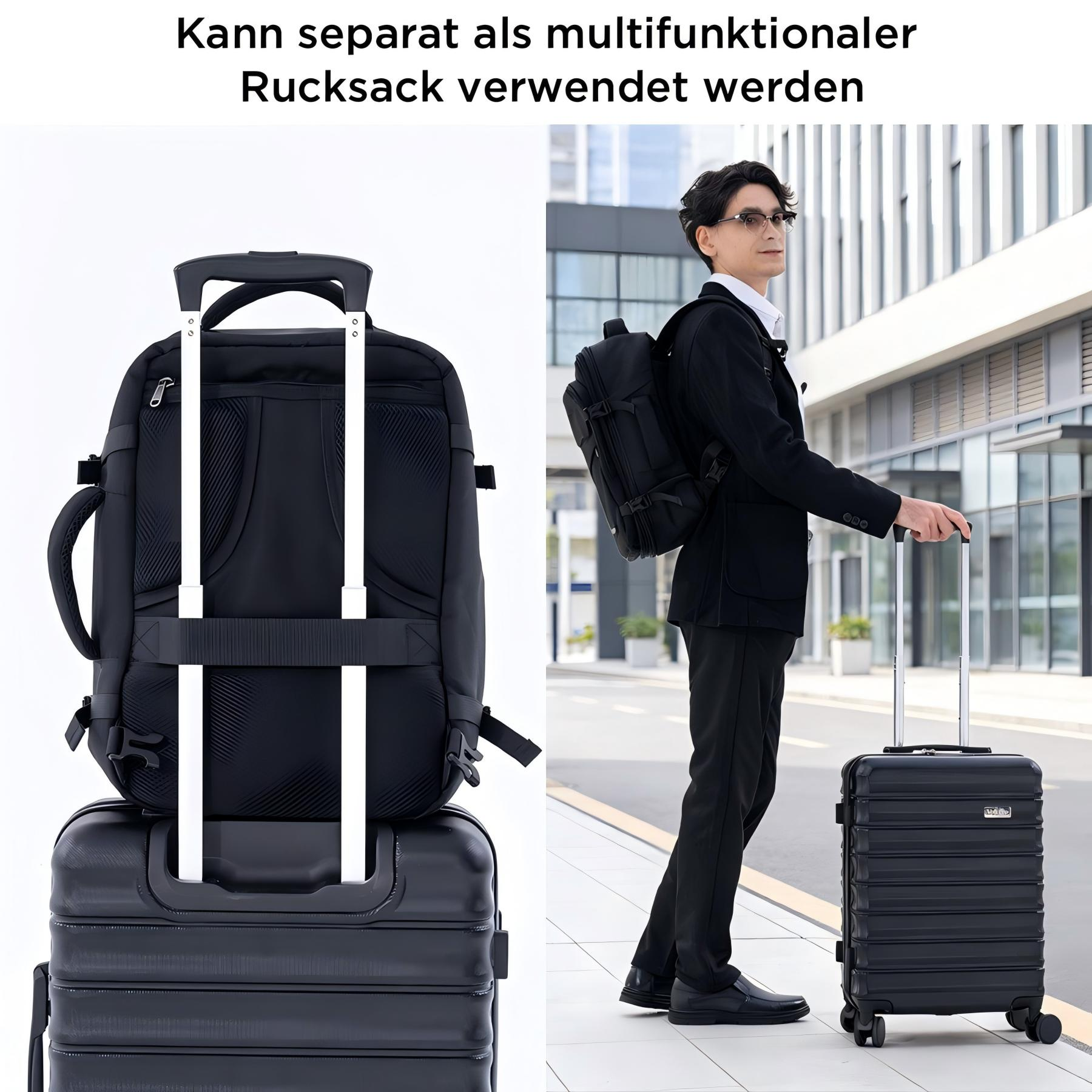 Ein Mann im schwarzen Anzug zieht einen schwarzen Rollkoffer, daneben ein Rucksack.
