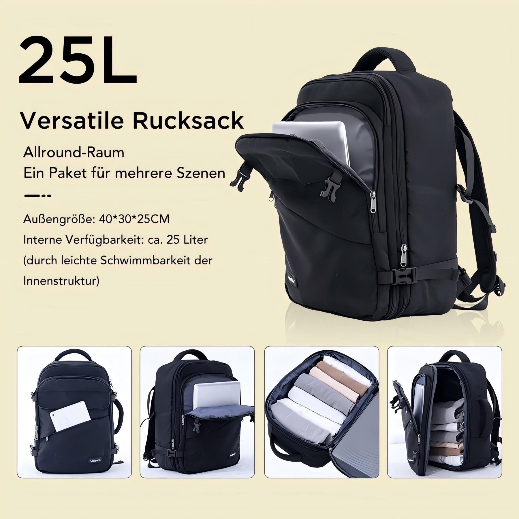 Ein schwarzer Rucksack mit Laptopfach und mehreren Fächern für Kleidung.