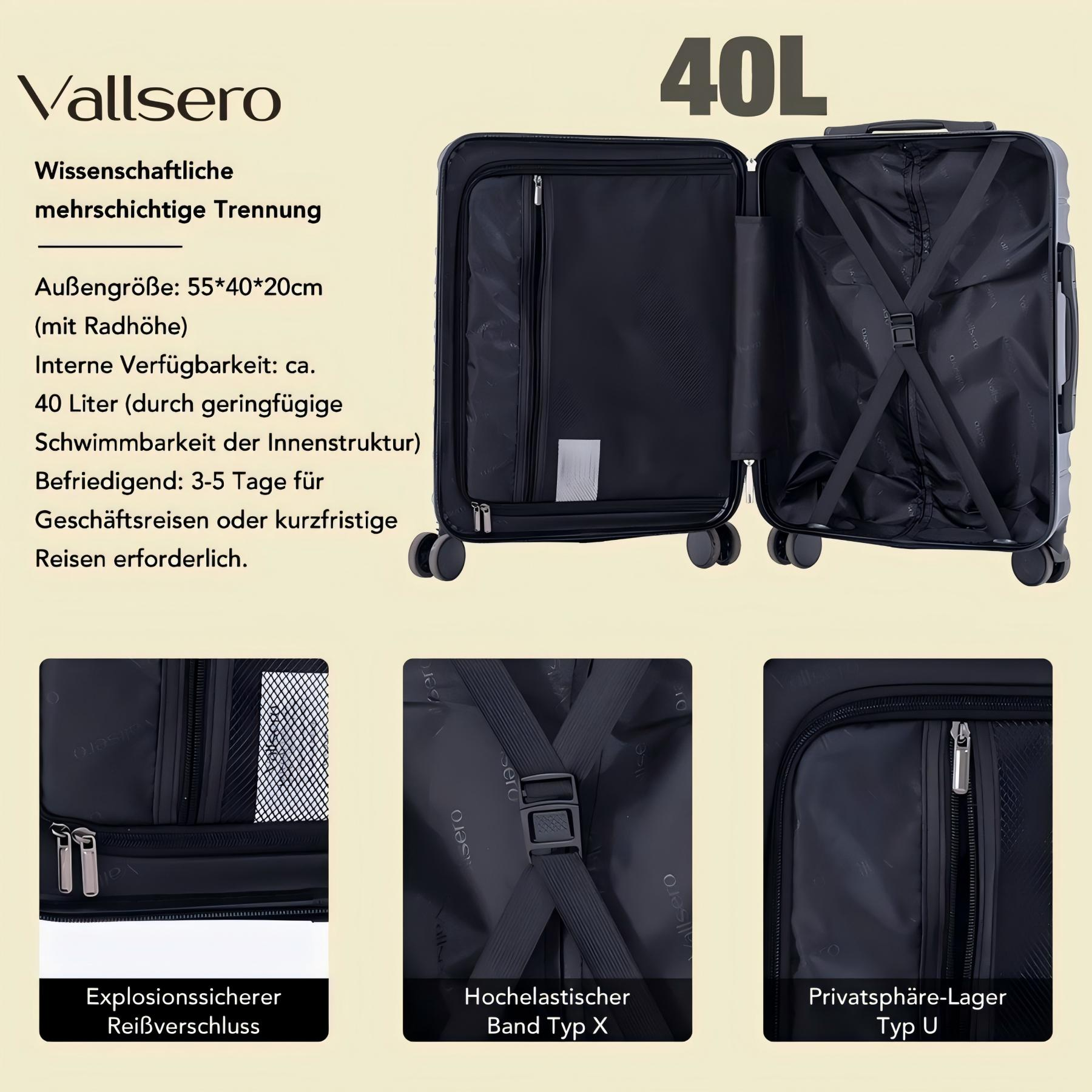Ein geöffneter grauer Koffer mit 40L Fassungsvermögen, innen mit Gurten.