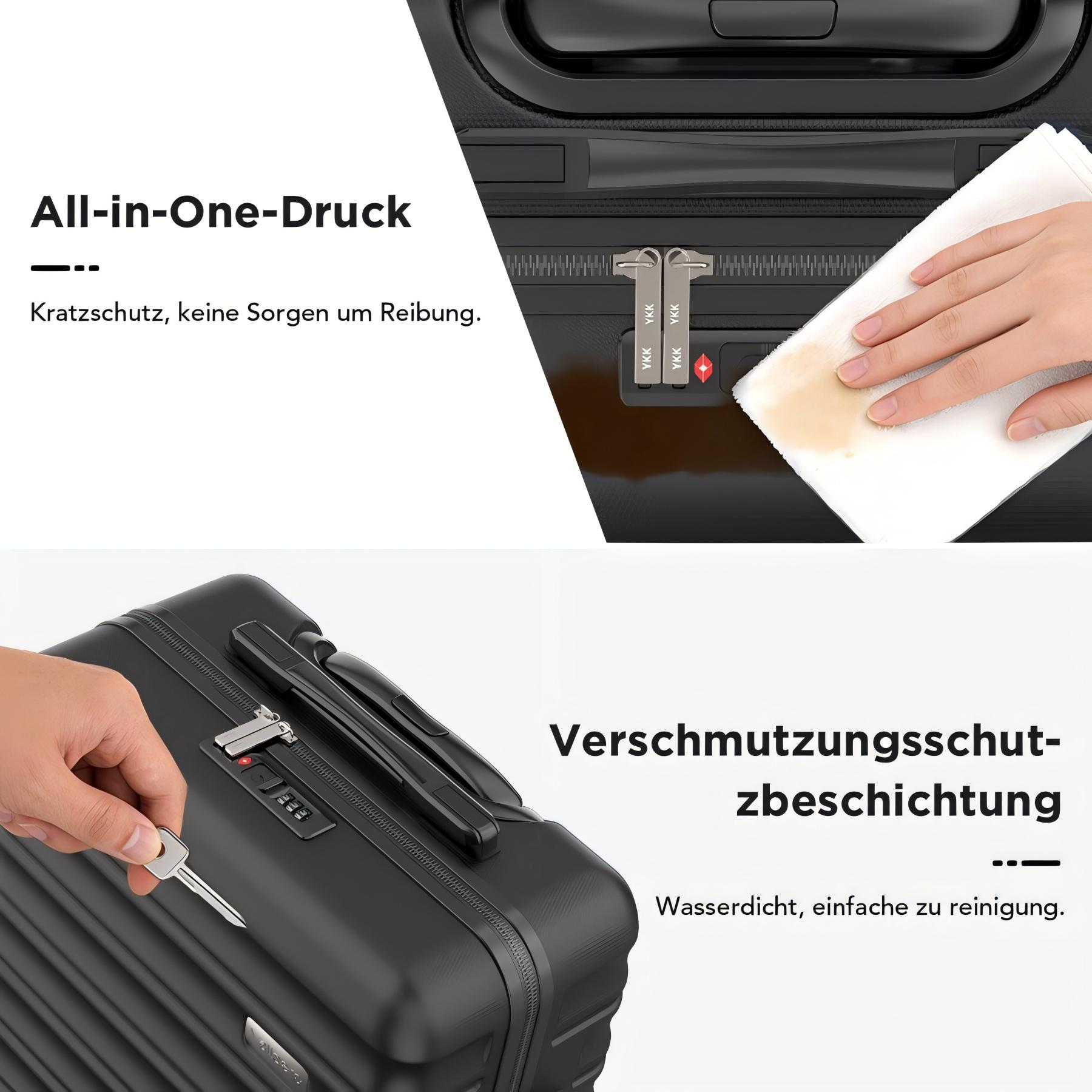 Ein Koffer mit Reißverschluss wird gereinigt. Ein Schlüssel öffnet ein Schloss.