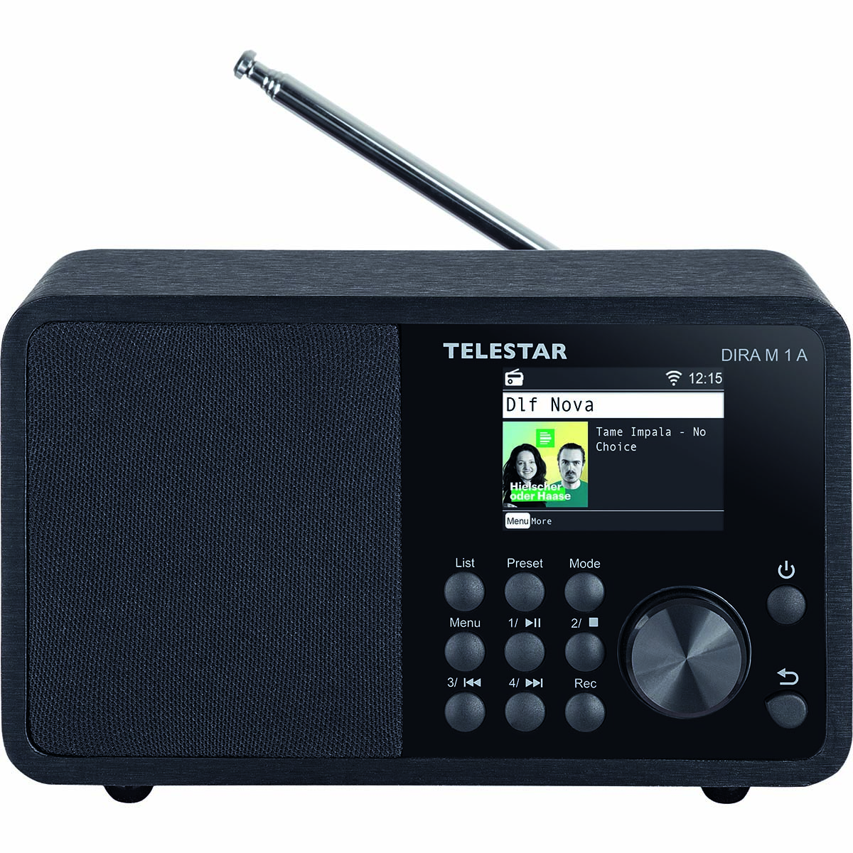 Ein schwarzer Telestar Digitalradio mit ausgefahrenem Antenne, Display zeigt Musikinfo.
