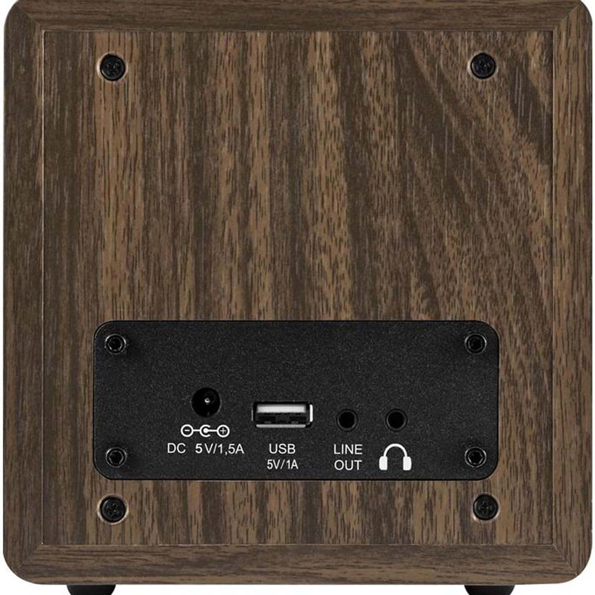 Back of a wooden enclosure with ports: DC 5V/1.5A, USB 5V/1A, Line Out.