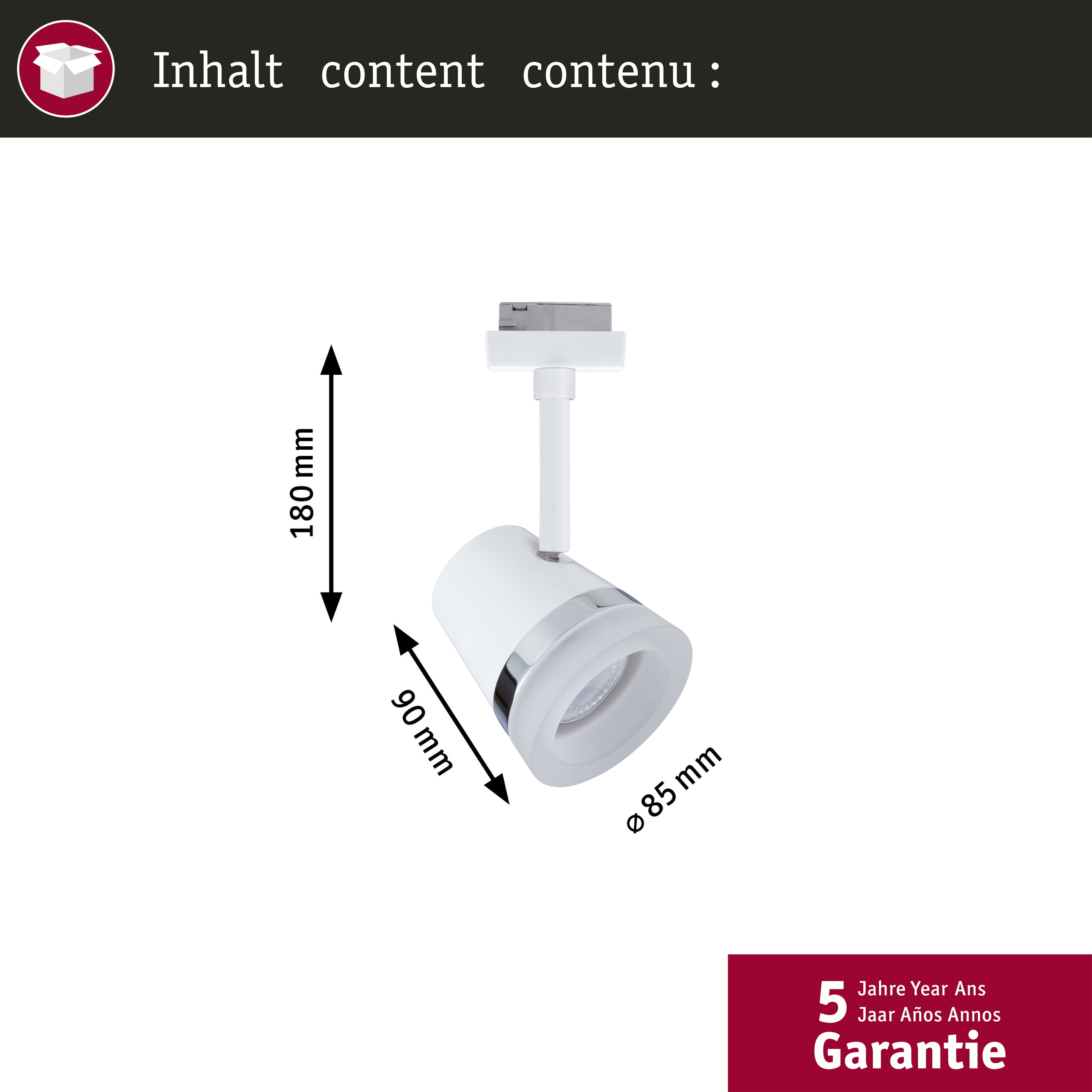 Weiße Lampe mit Maßen 180mm H, 90mm B, 85mm D. 5 Jahre Garantie.