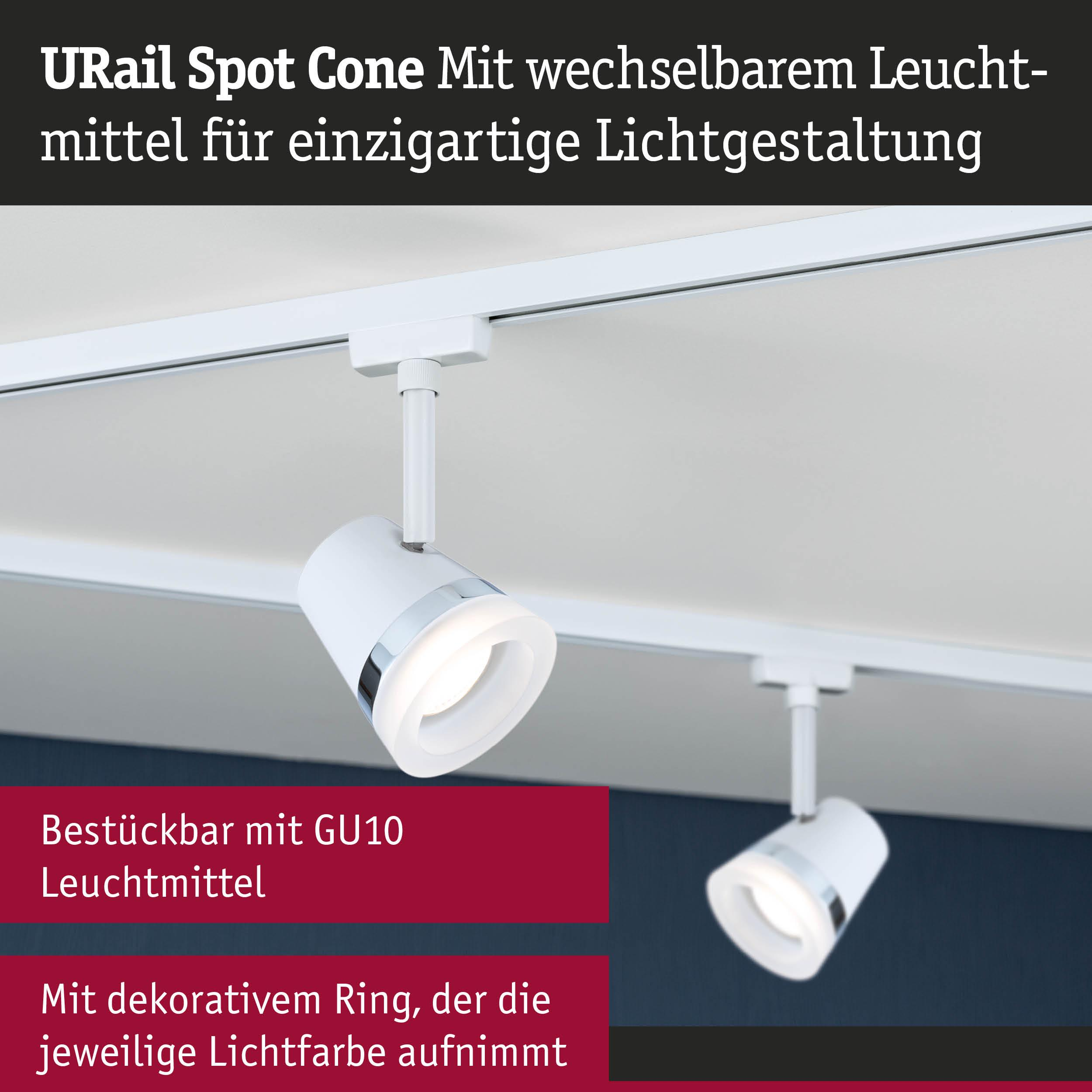 Zwei weiße URail Spots an einer Schiene mit Beleuchtung.