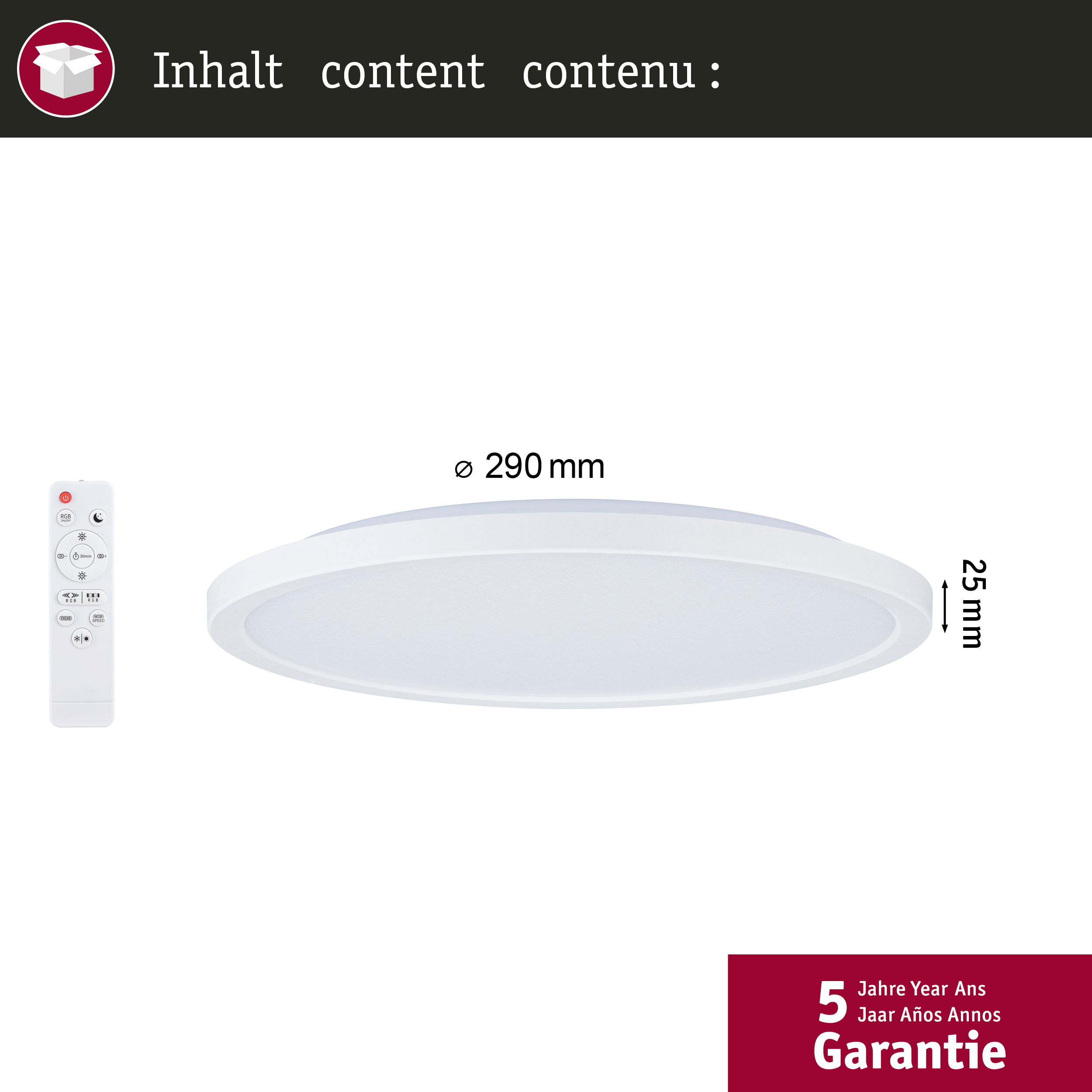 Weiße Deckenleuchte mit Fernbedienung, Ø 290 mm, 25 mm hoch.