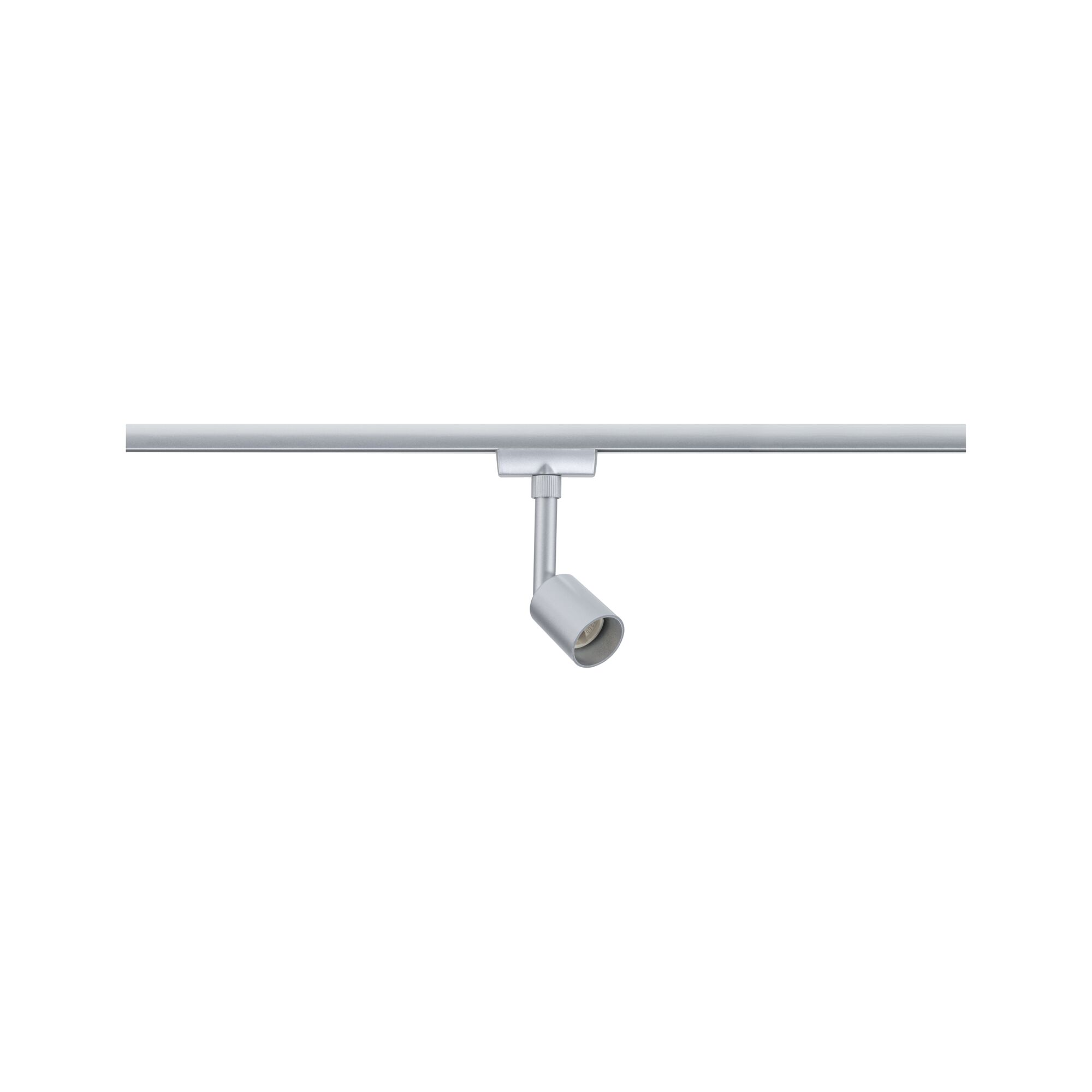 Srebrny reflektor szynowy wisi na szynie.