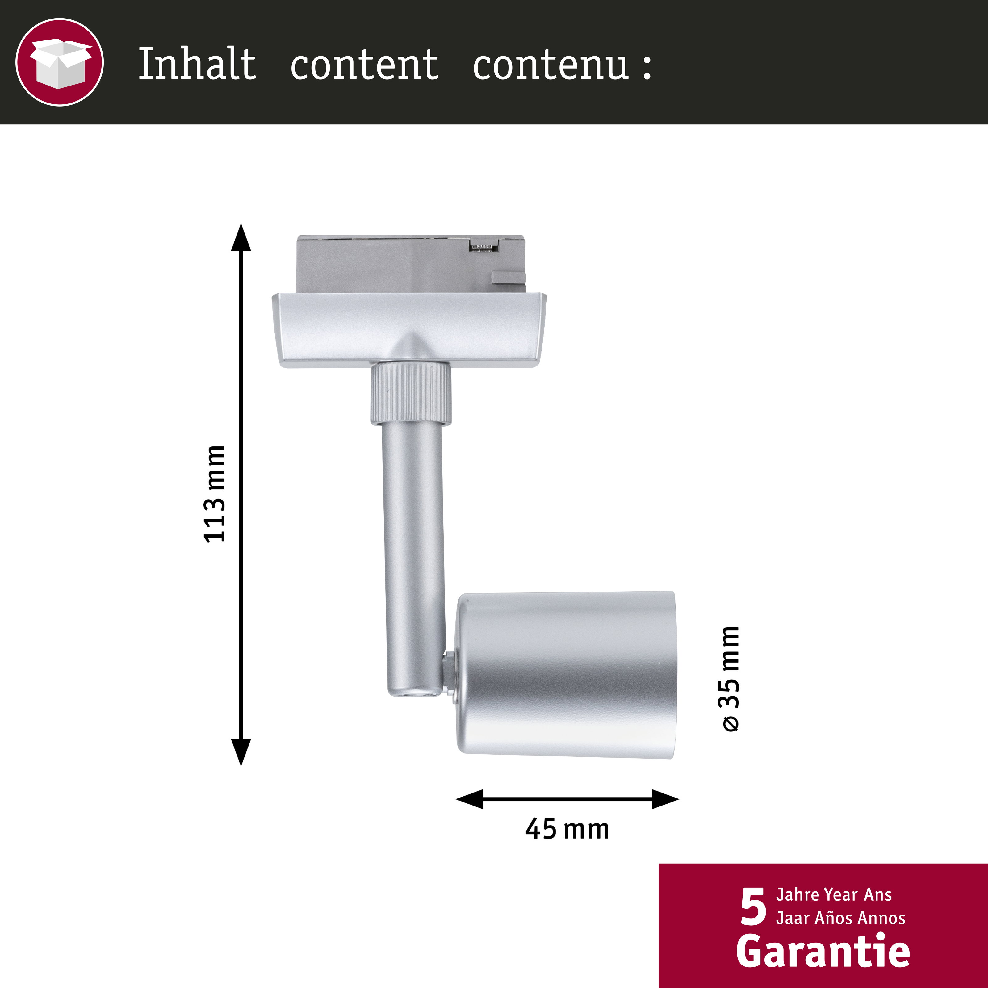 Srebrny spot, wysokość 113mm, szerokość 45mm, średnica 35mm. Gwarancja 5 lat.