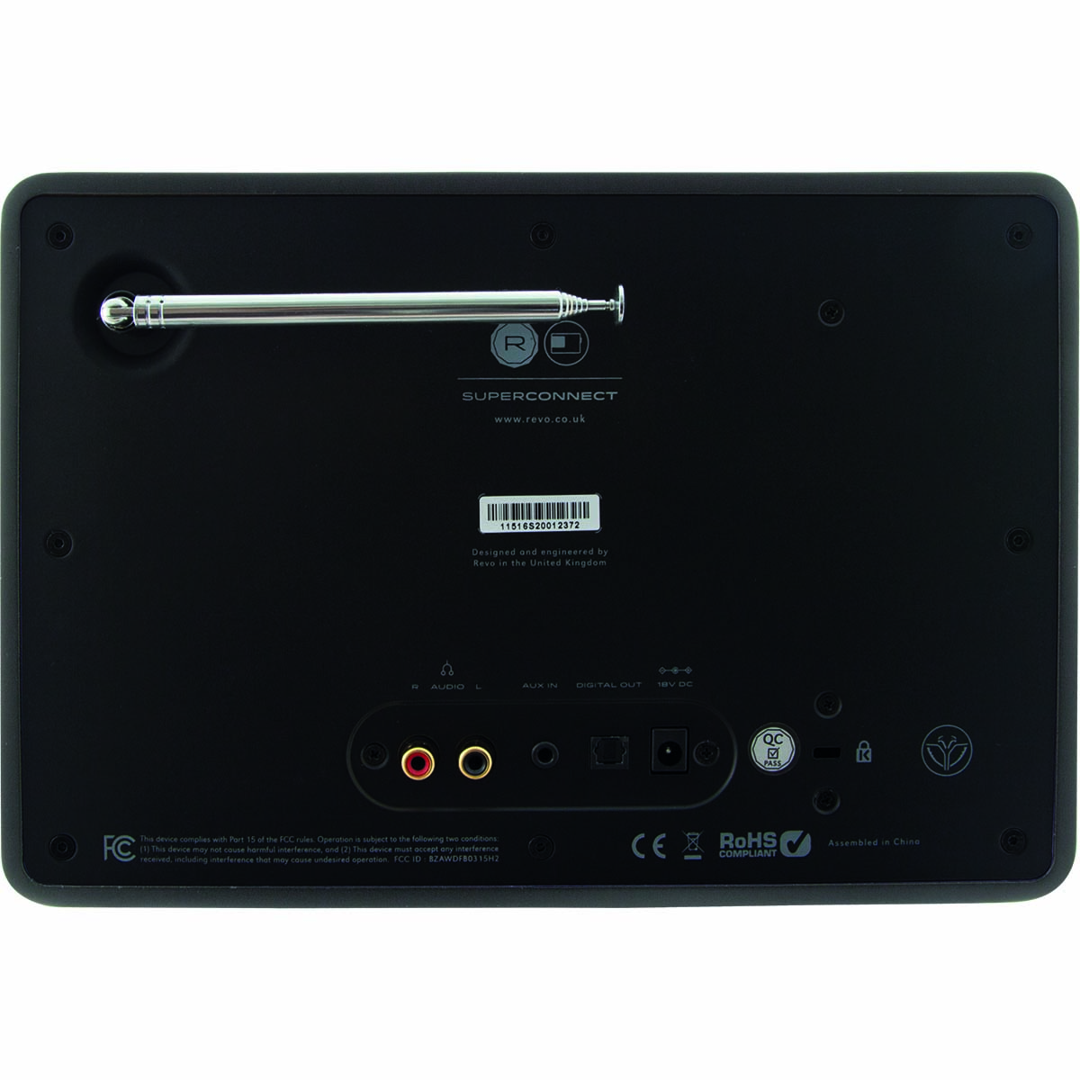 Back of a black Revo Superconnect radio showing various ports and labels.