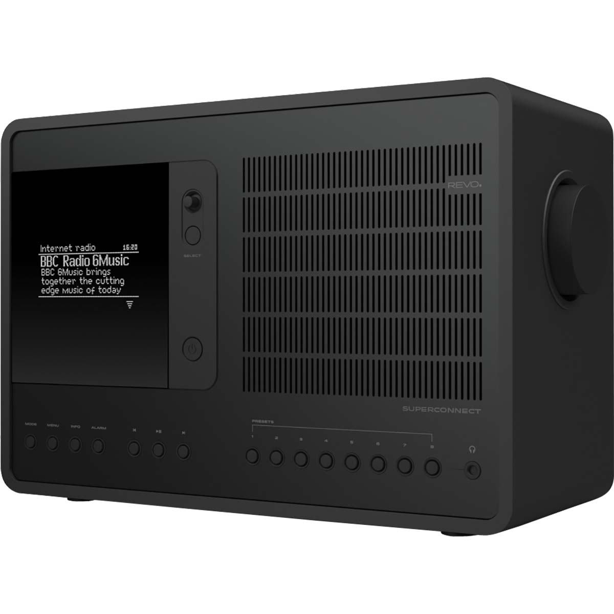 A black internet radio receiver with a display showing BBC Radio 6Music.