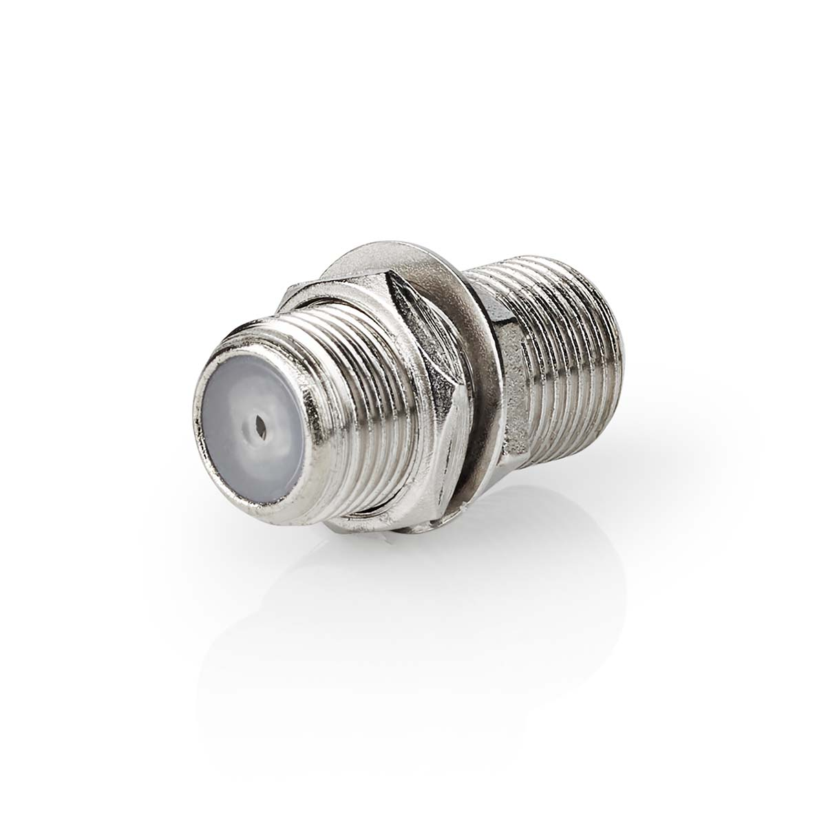 Ein silberner Koaxialstecker mit Gewindeanschluss und weißer Mittelkappe.